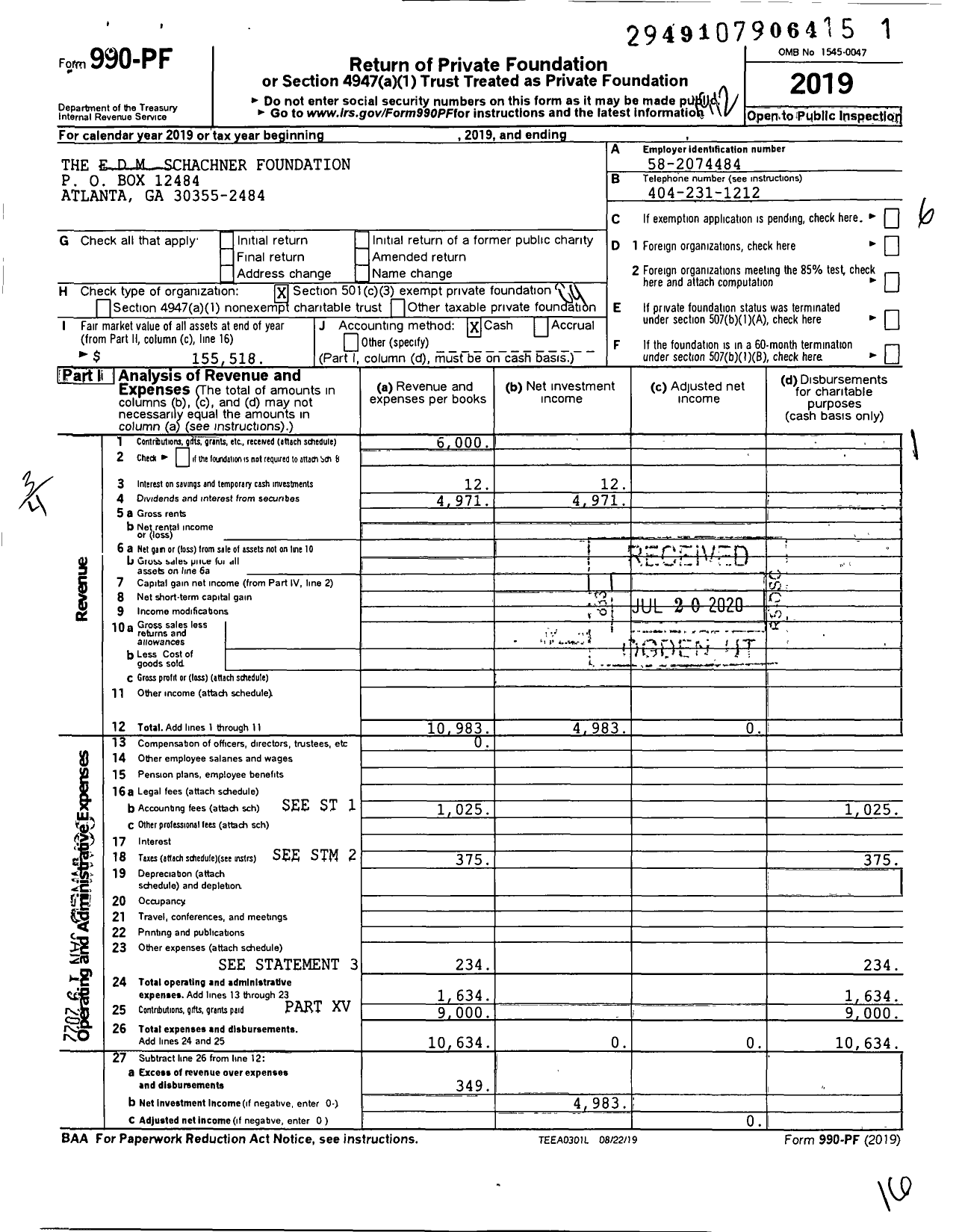 Image of first page of 2019 Form 990PF for The Edm Schachner Foundation