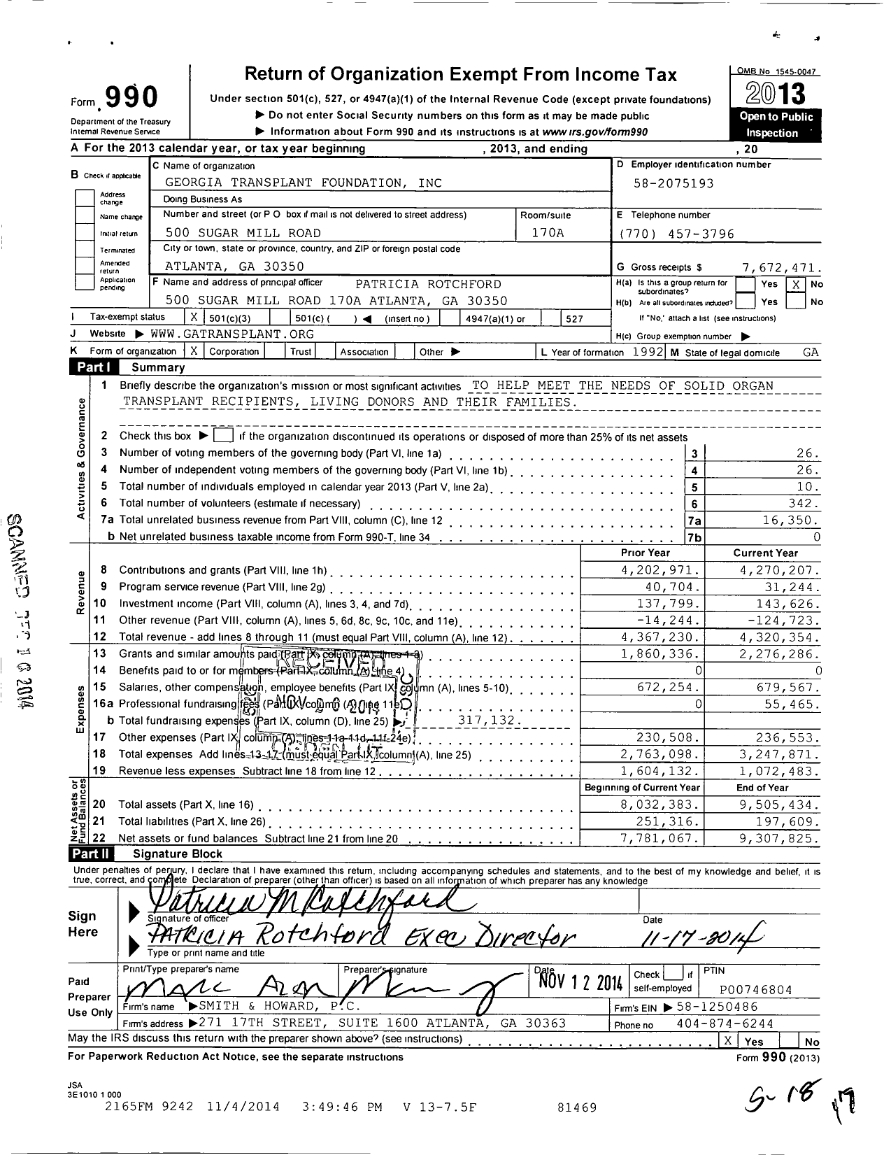 Image of first page of 2013 Form 990 for Georgia Transplant Foundation