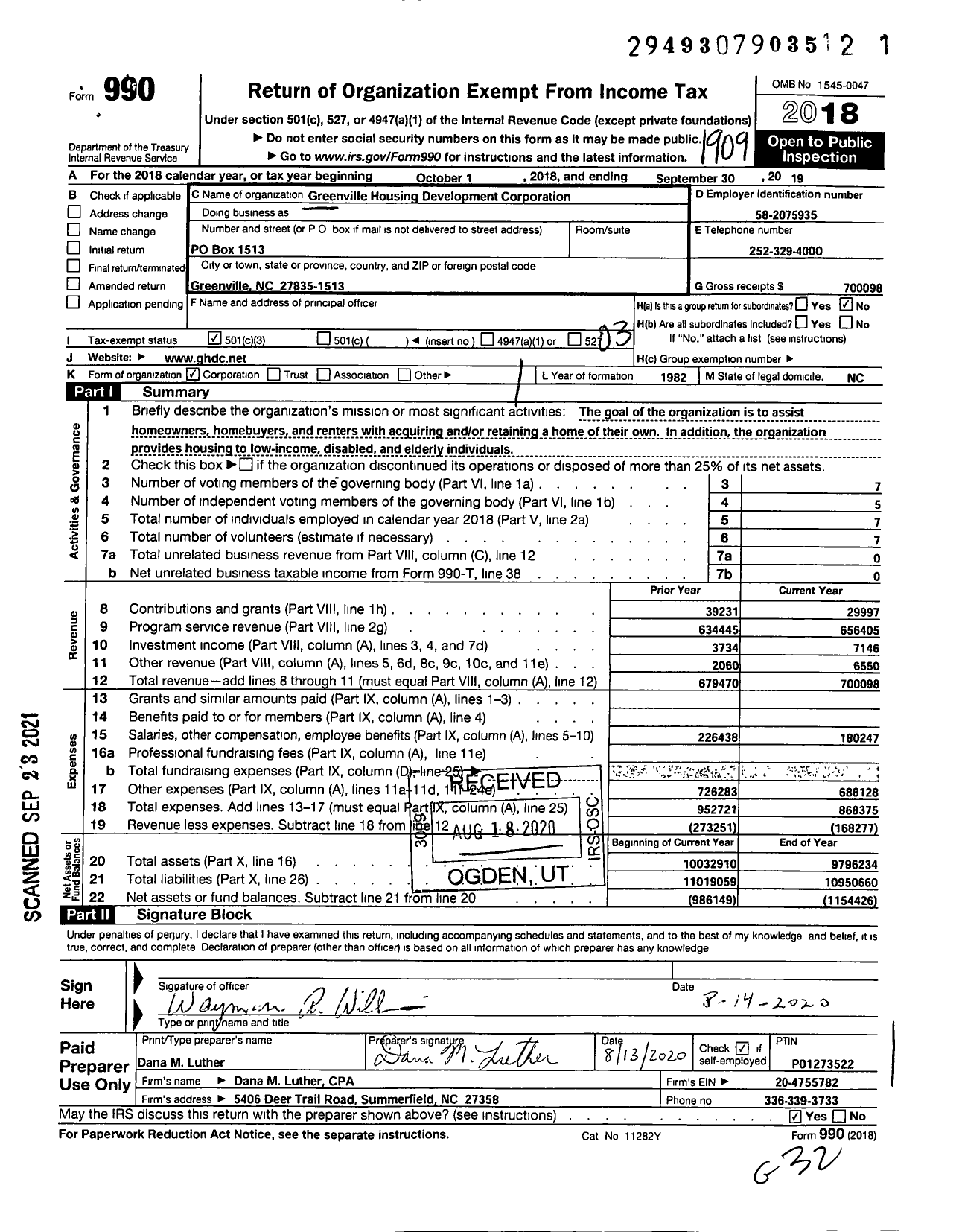 Image of first page of 2018 Form 990 for Greenville Housing Development Corporation