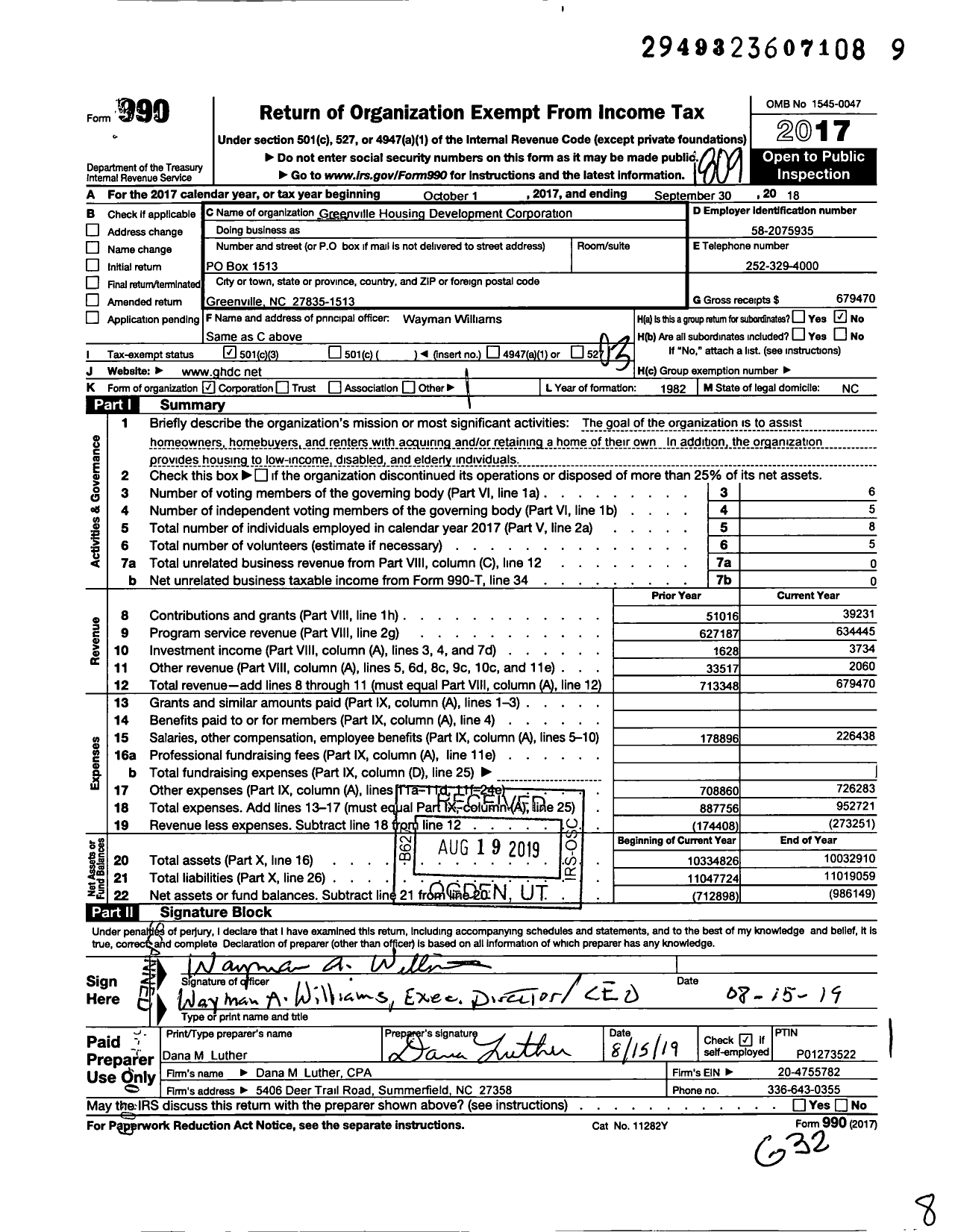 Image of first page of 2017 Form 990 for Greenville Housing Development Corporation
