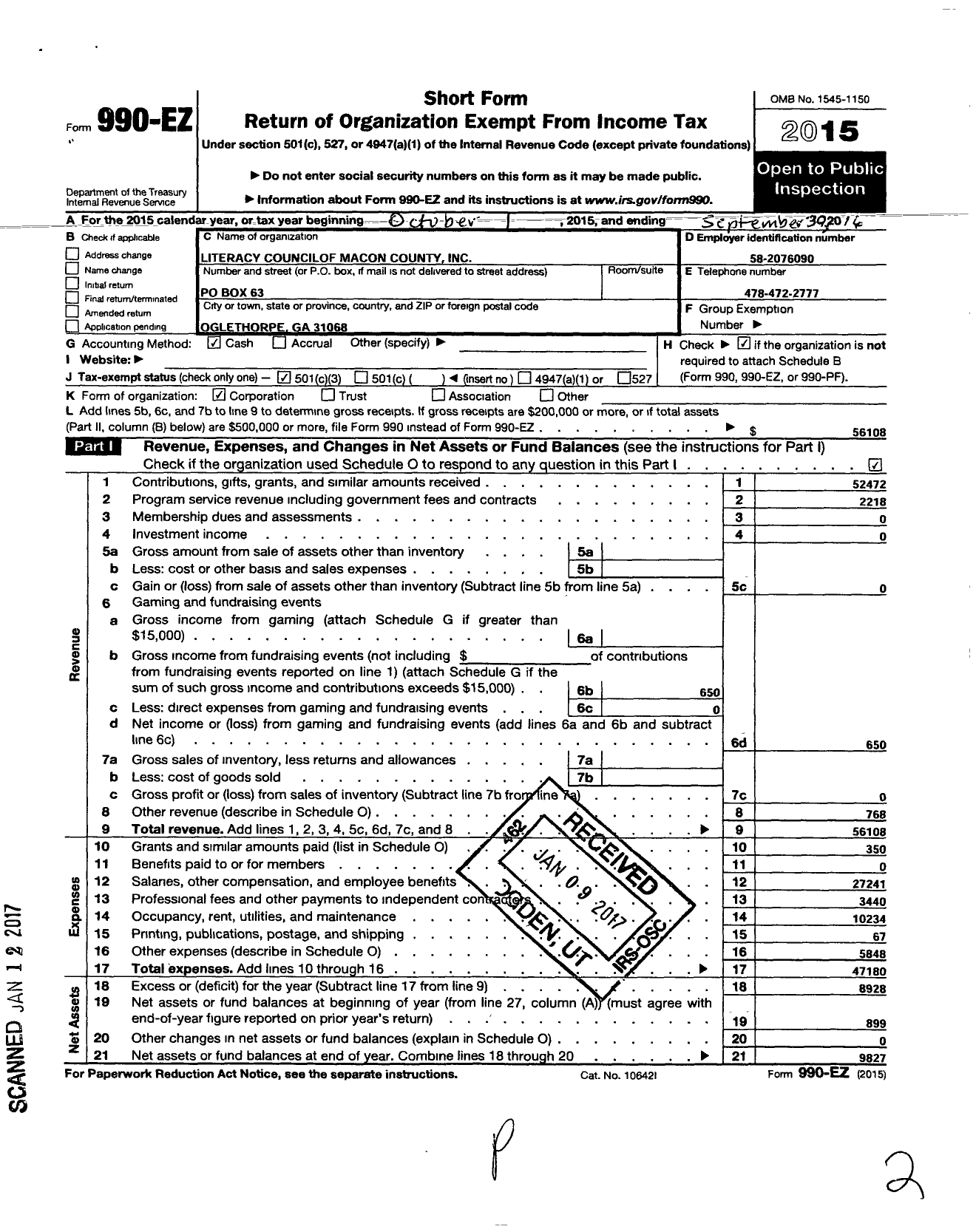 Image of first page of 2015 Form 990EZ for Literacy Council of Macon County