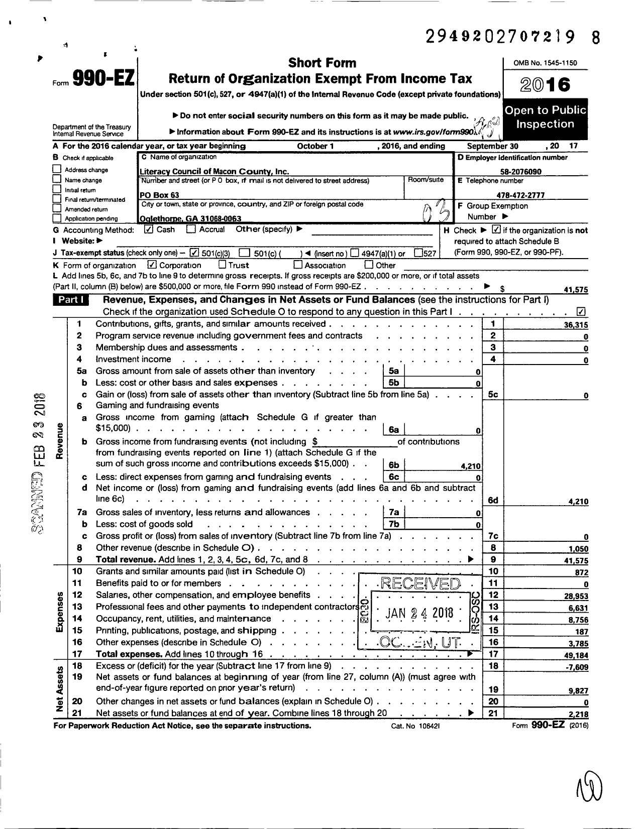 Image of first page of 2016 Form 990EZ for Literacy Council of Macon County