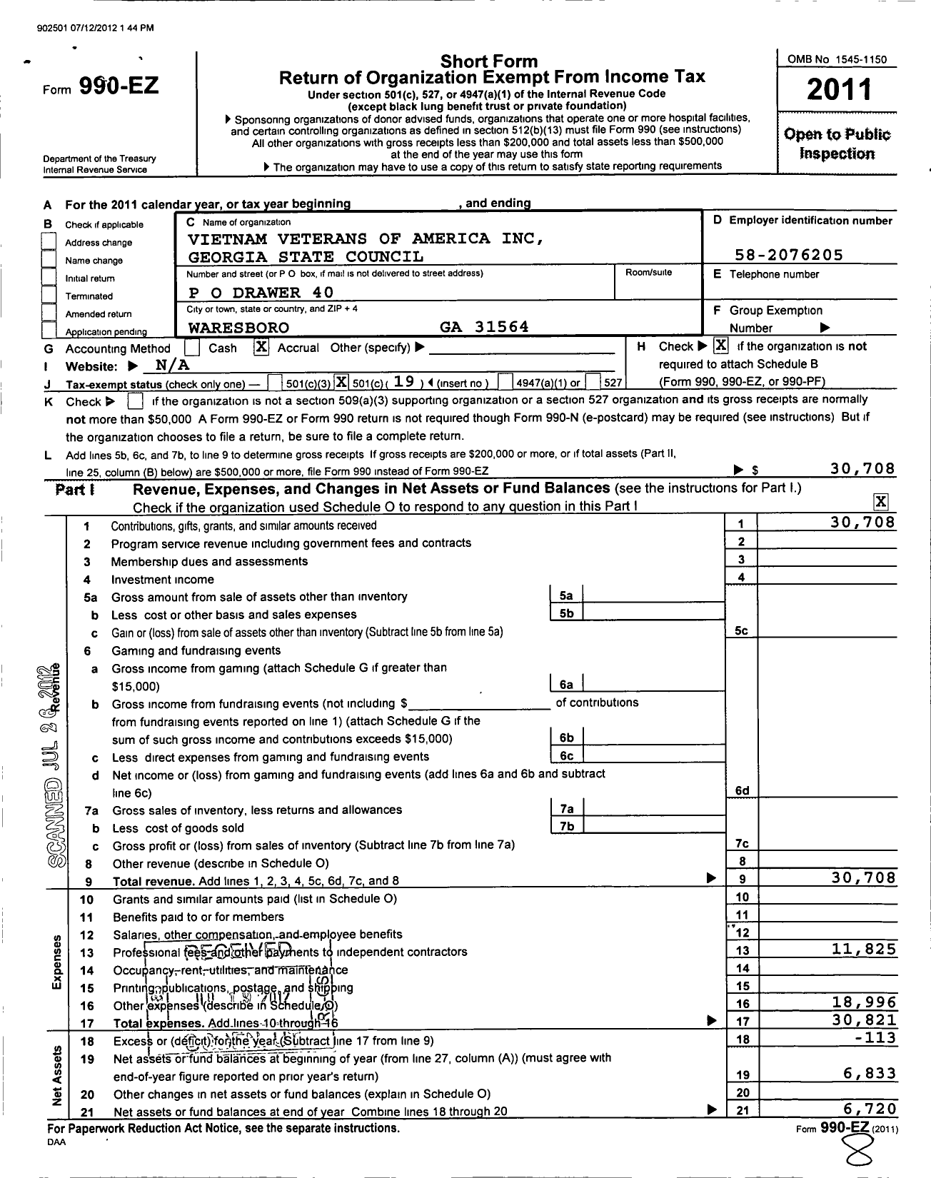 Image of first page of 2011 Form 990EO for Vietnam Veterans of America - 4 Georgia State Council