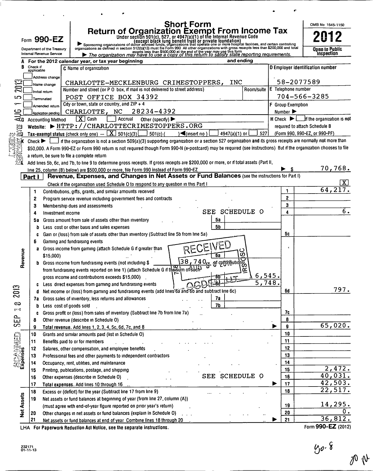 Image of first page of 2012 Form 990EZ for Charlotte-Mecklenburg Crime Stoppers
