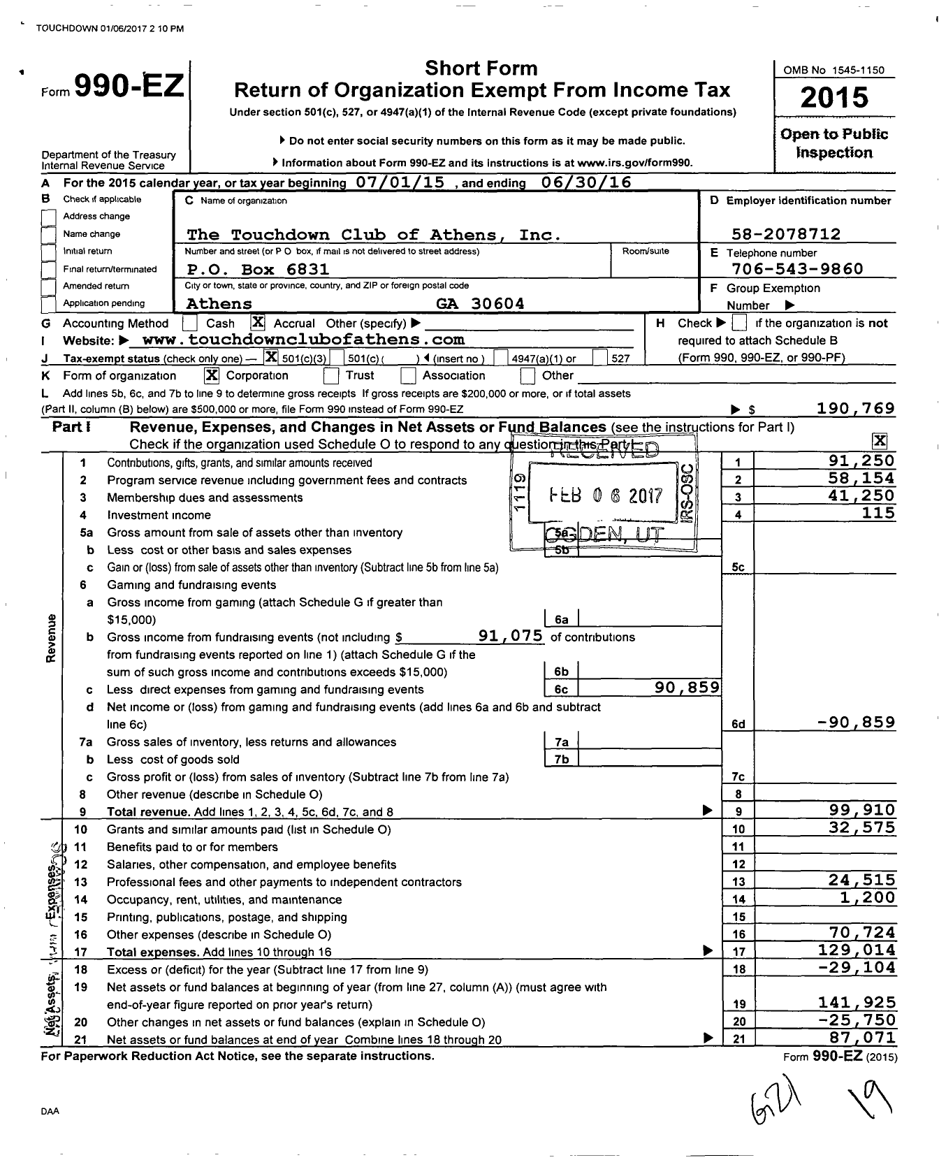 Image of first page of 2015 Form 990EZ for The Touchdown Club of Athens