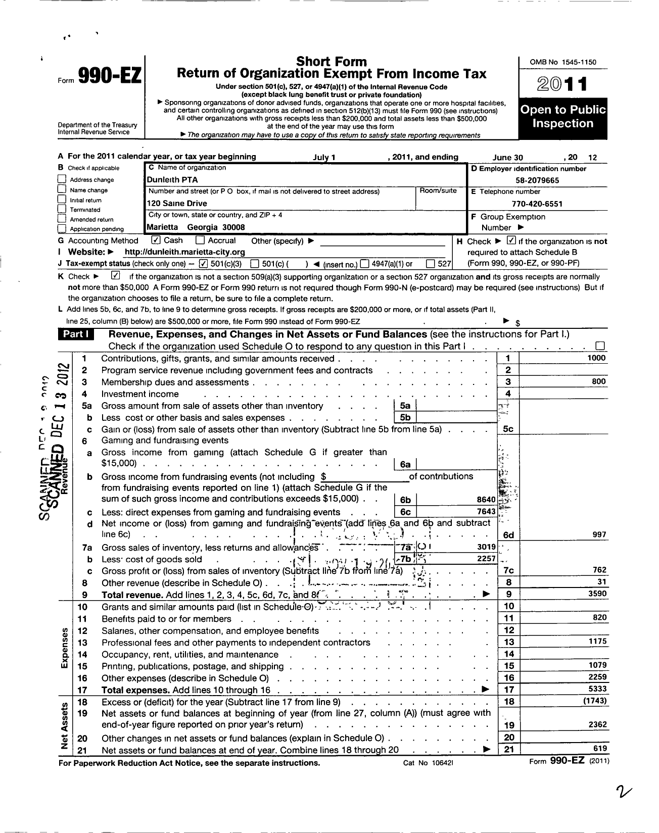 Image of first page of 2011 Form 990EZ for Georgia PTA - Dunleith Elementary School PTA