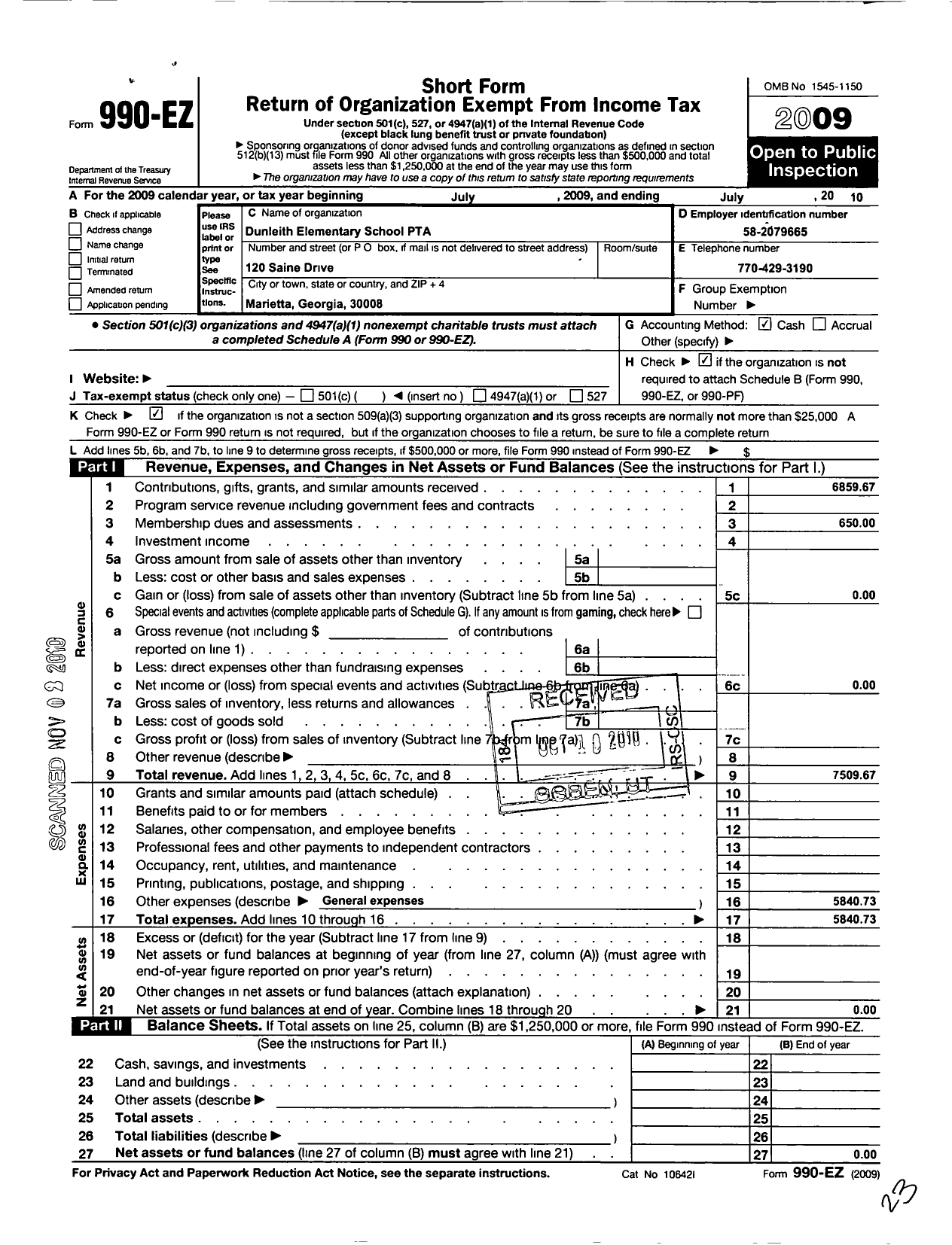 Image of first page of 2009 Form 990EO for Georgia PTA - Dunleith Elementary School PTA