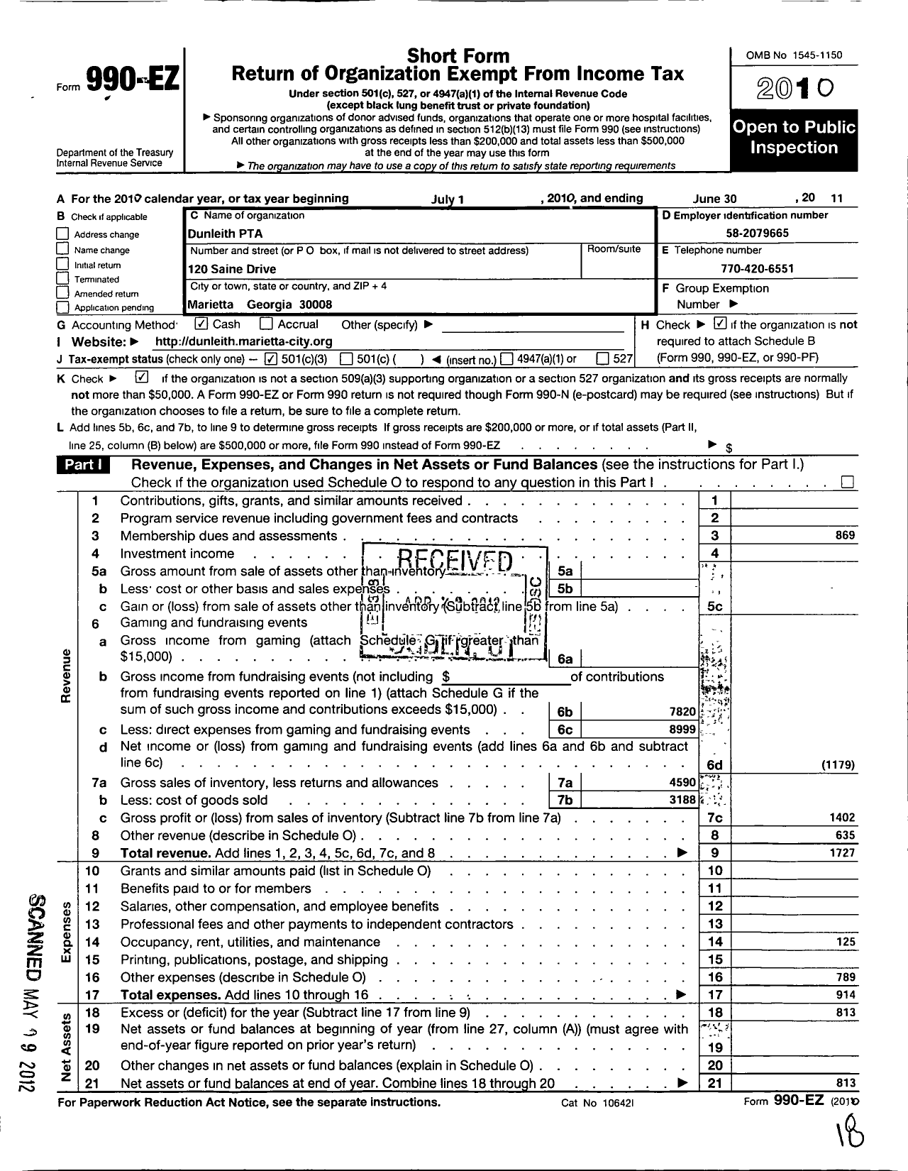 Image of first page of 2010 Form 990EZ for Georgia PTA - Dunleith Elementary School PTA