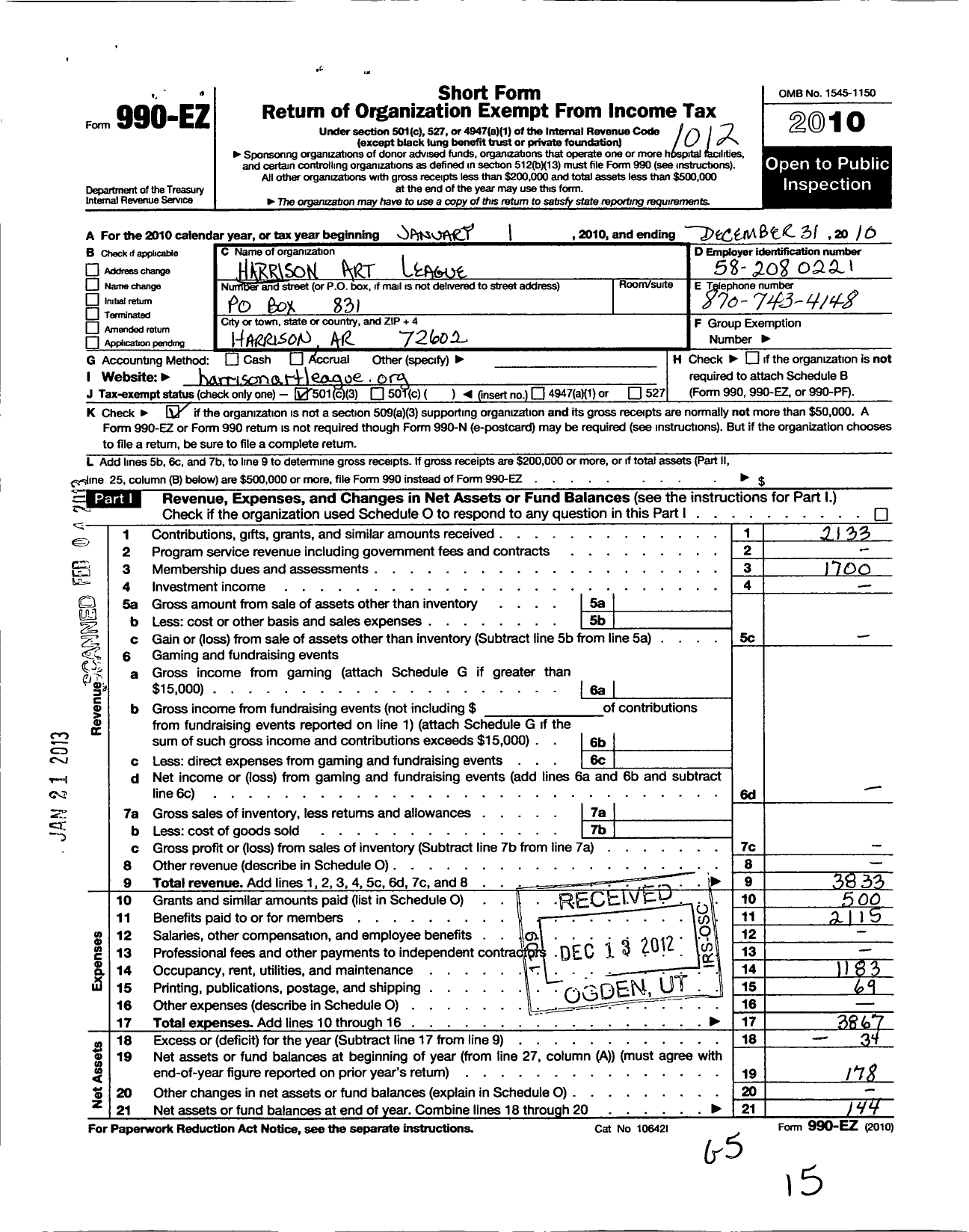 Image of first page of 2010 Form 990EZ for Harrison Art League