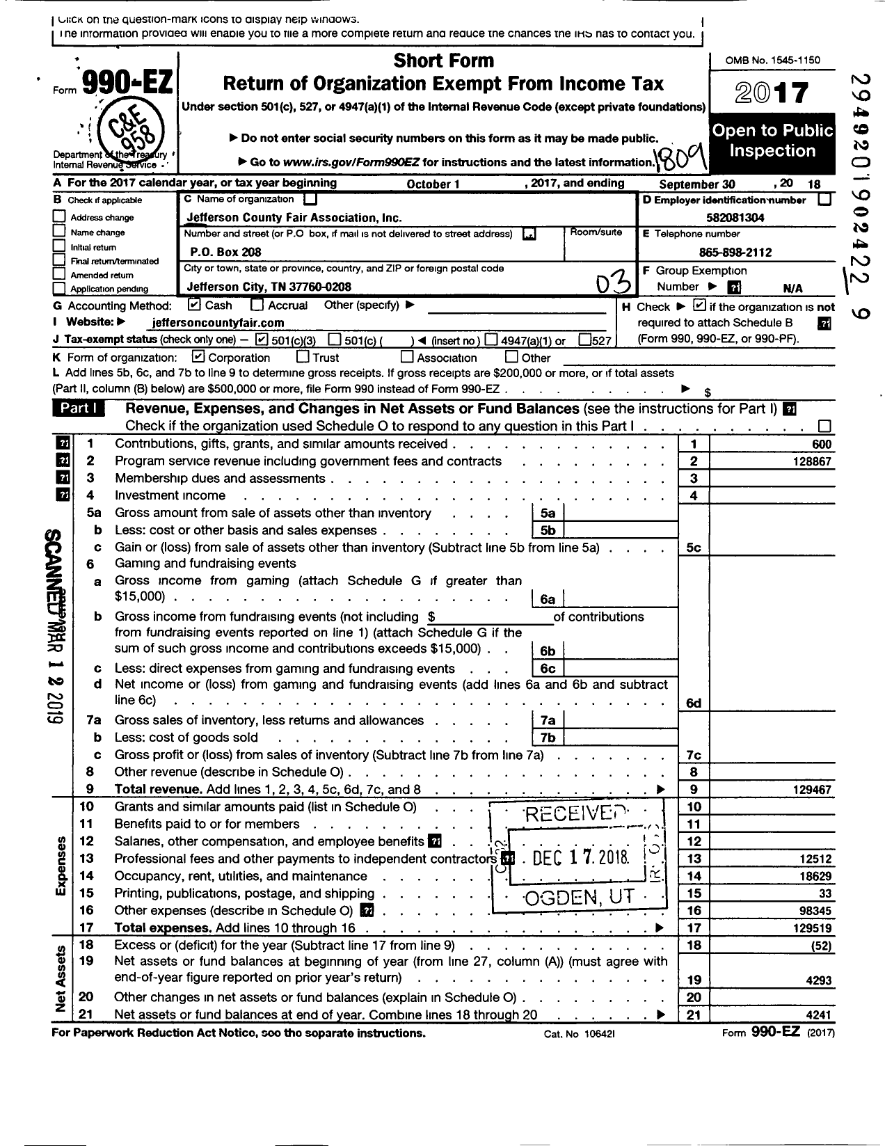 Image of first page of 2017 Form 990EZ for Jefferson County Fair Association / Jefferson County Fair