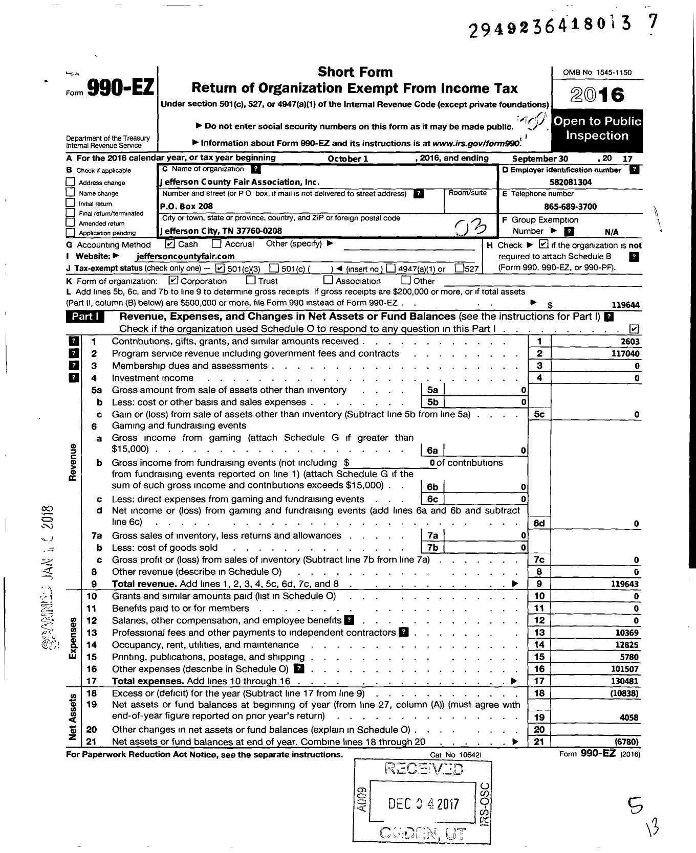 Image of first page of 2016 Form 990EZ for Jefferson County Fair Association / Jefferson County Fair