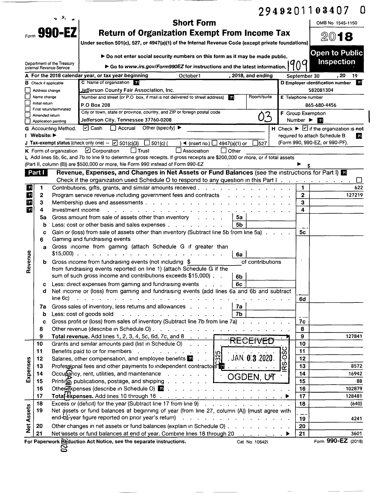 Image of first page of 2018 Form 990EZ for Jefferson County Fair Association / Jefferson County Fair