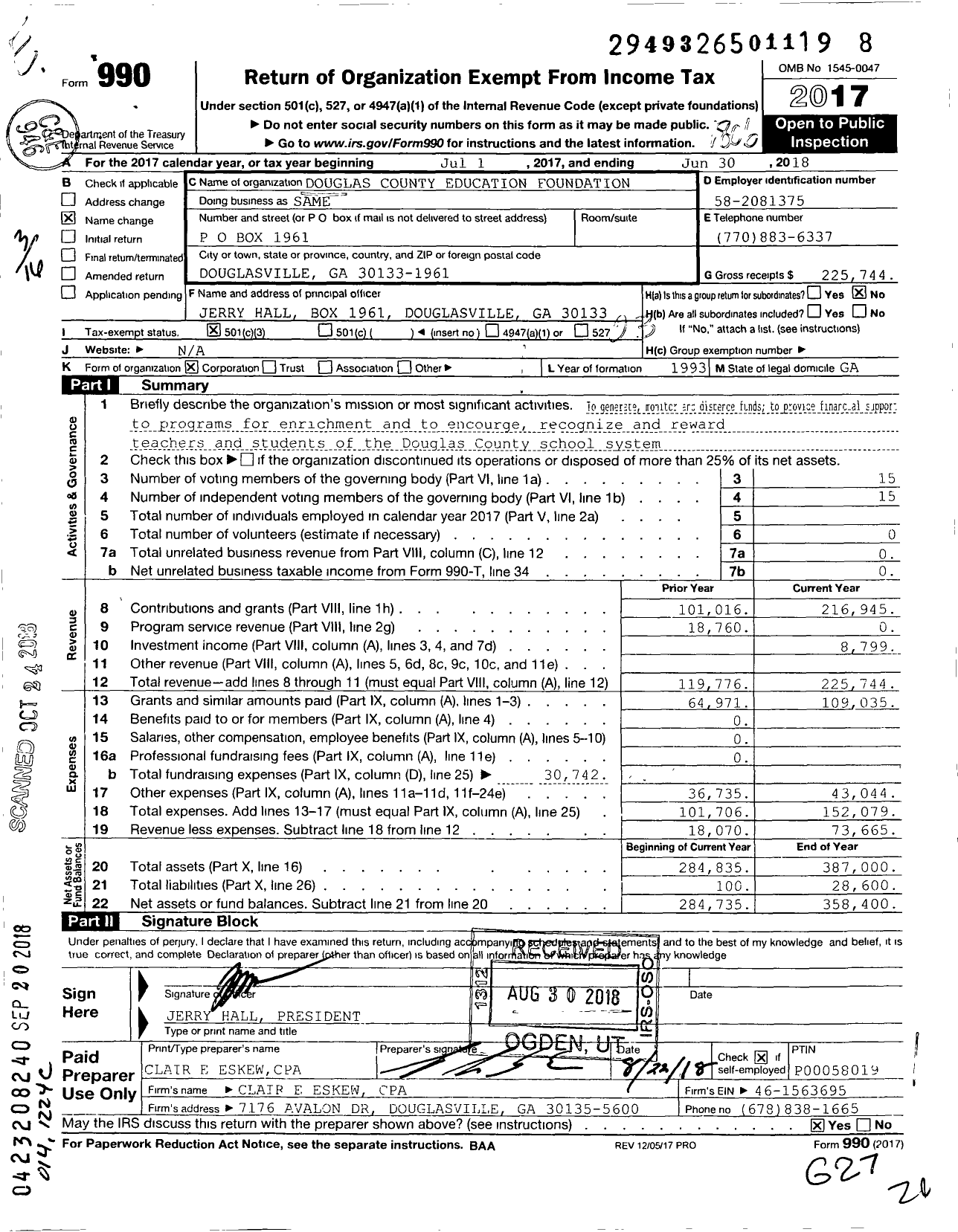 Image of first page of 2017 Form 990 for Douglas County Education Foundation
