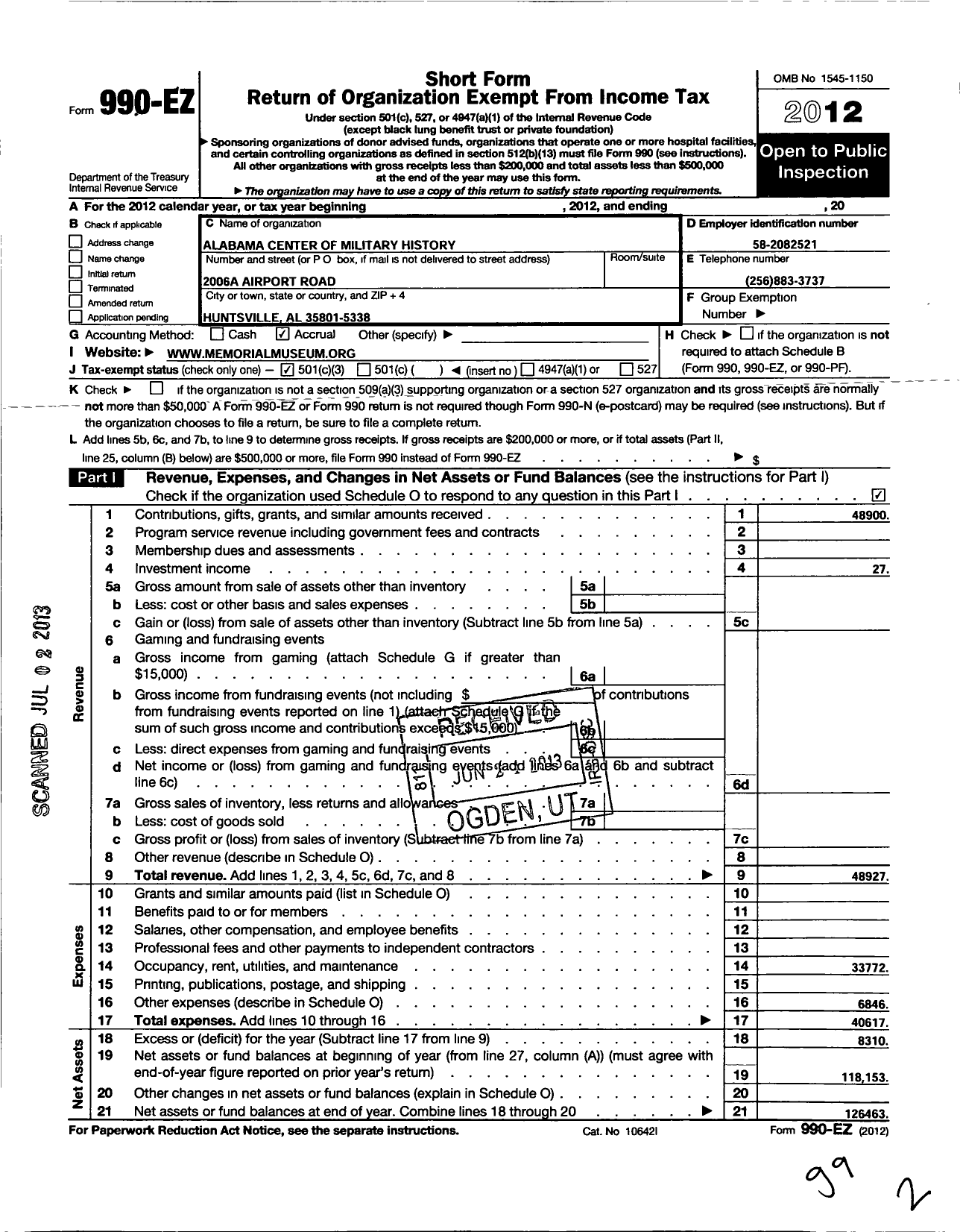 Image of first page of 2012 Form 990EZ for Alabama Center of Military History