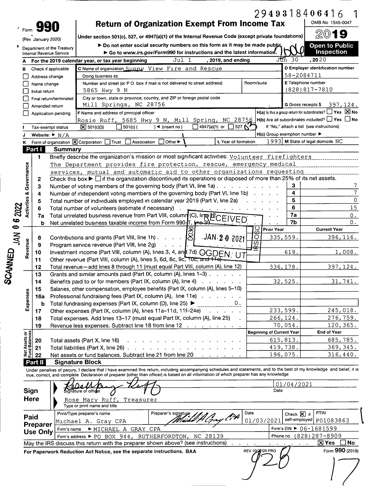 Image of first page of 2019 Form 990 for Sunny View Fire and Rescue