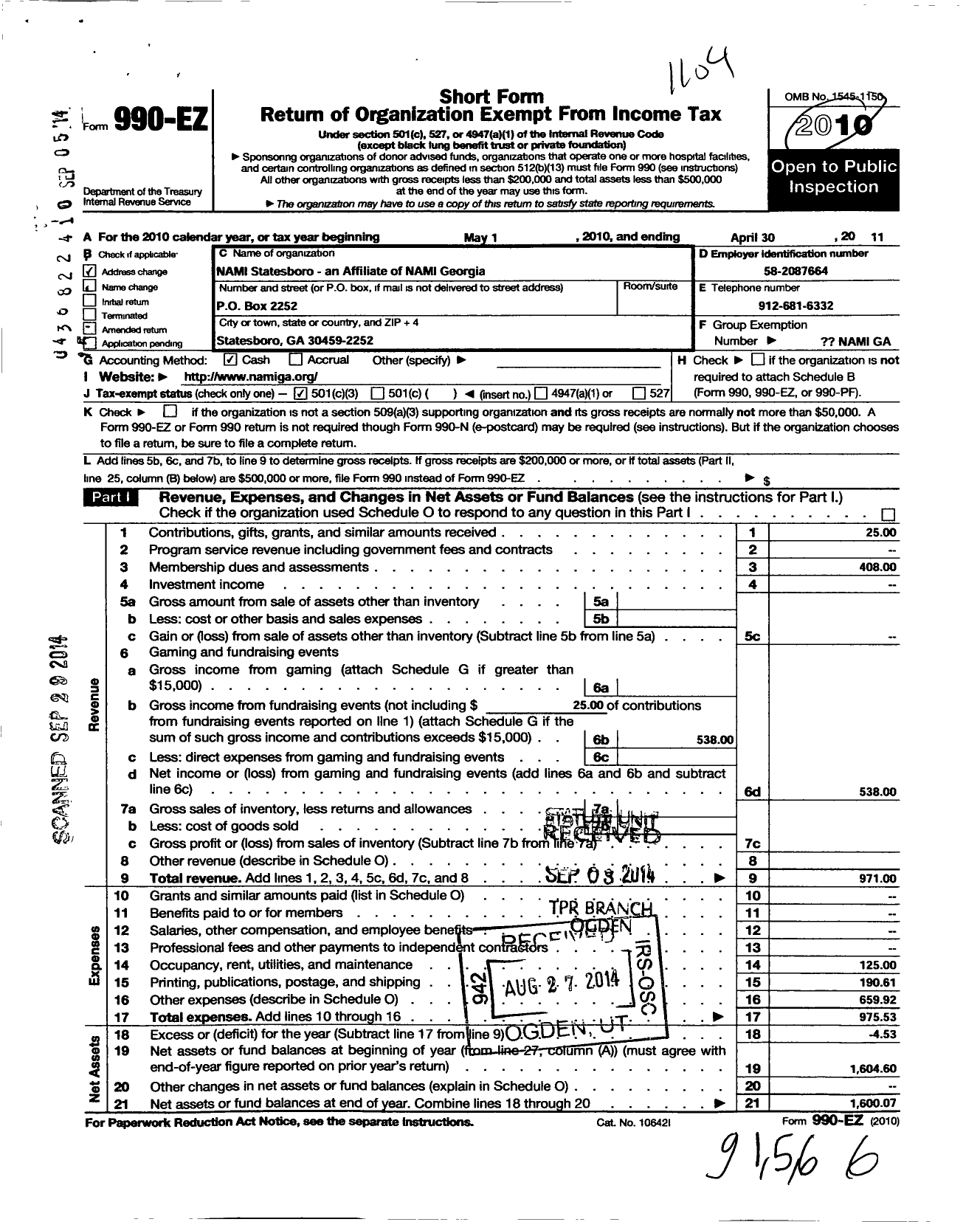 Image of first page of 2010 Form 990EZ for Nami Georgia / Statesboro Affiliate