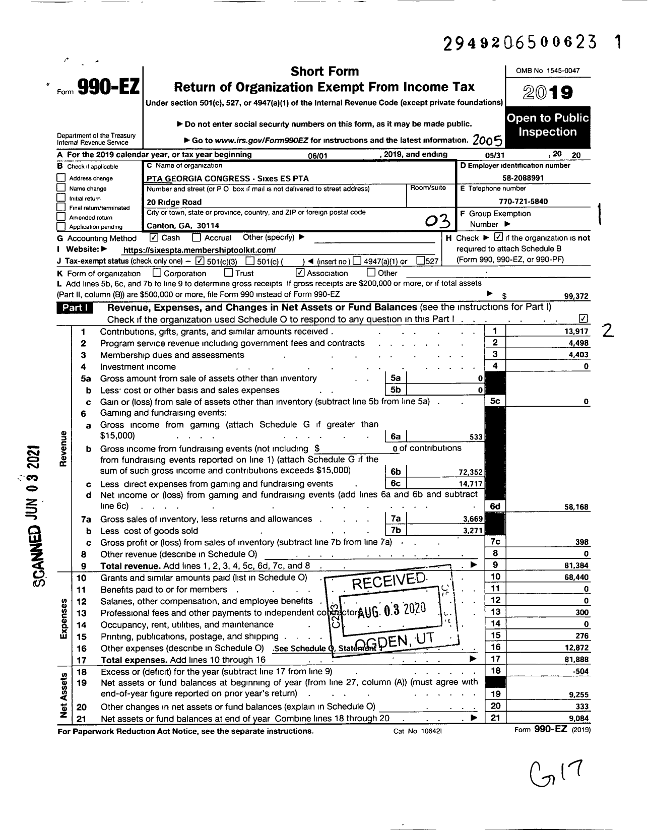 Image of first page of 2019 Form 990EZ for GEORGIA PTA - Sixes Elementary PTA