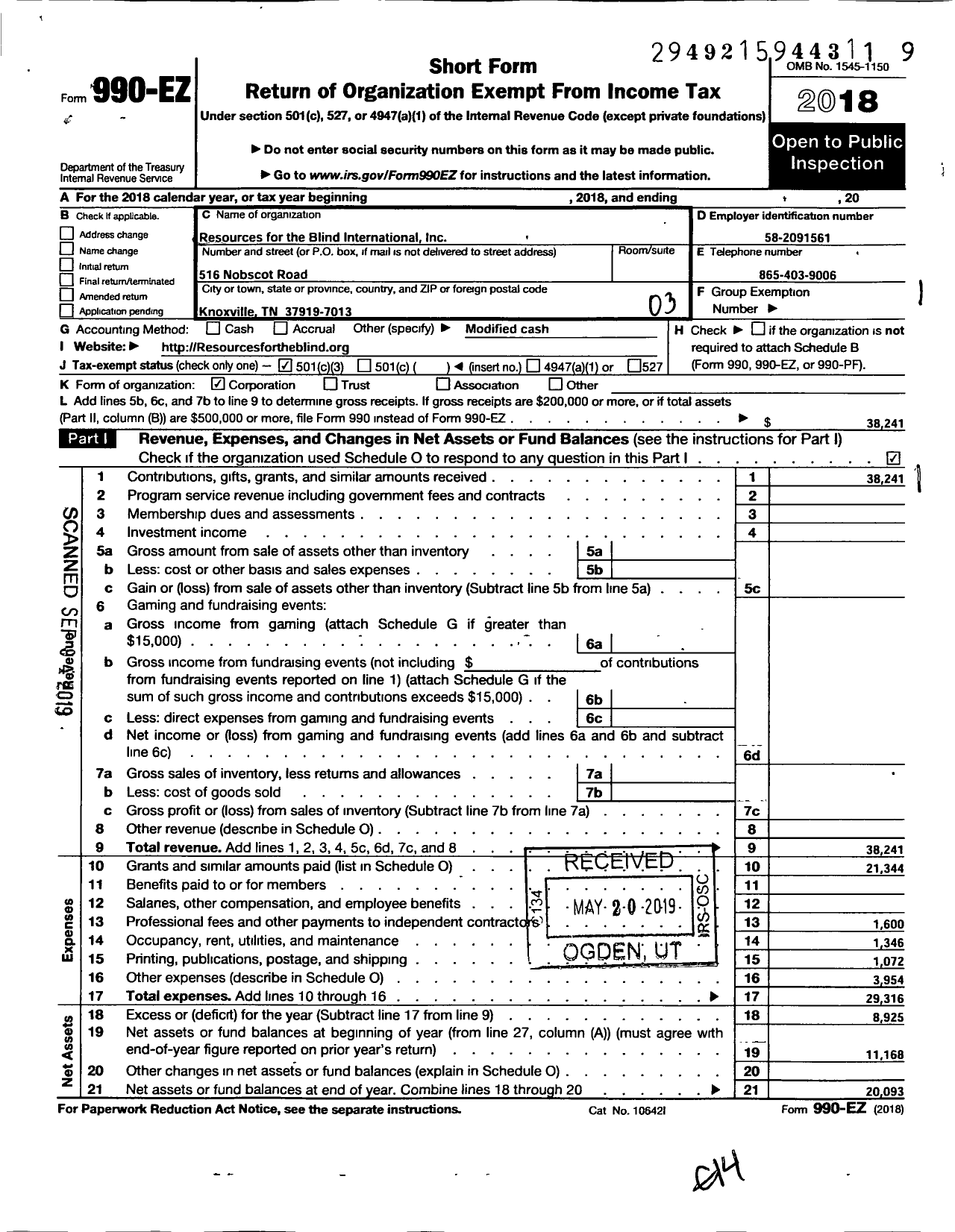 Image of first page of 2018 Form 990EZ for Resources for the Blind International