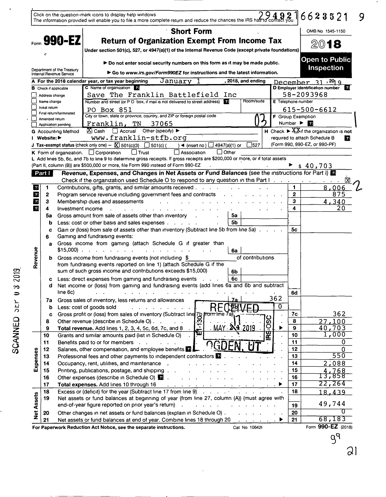 Image of first page of 2019 Form 990EZ for Save The Franklin Battlefield