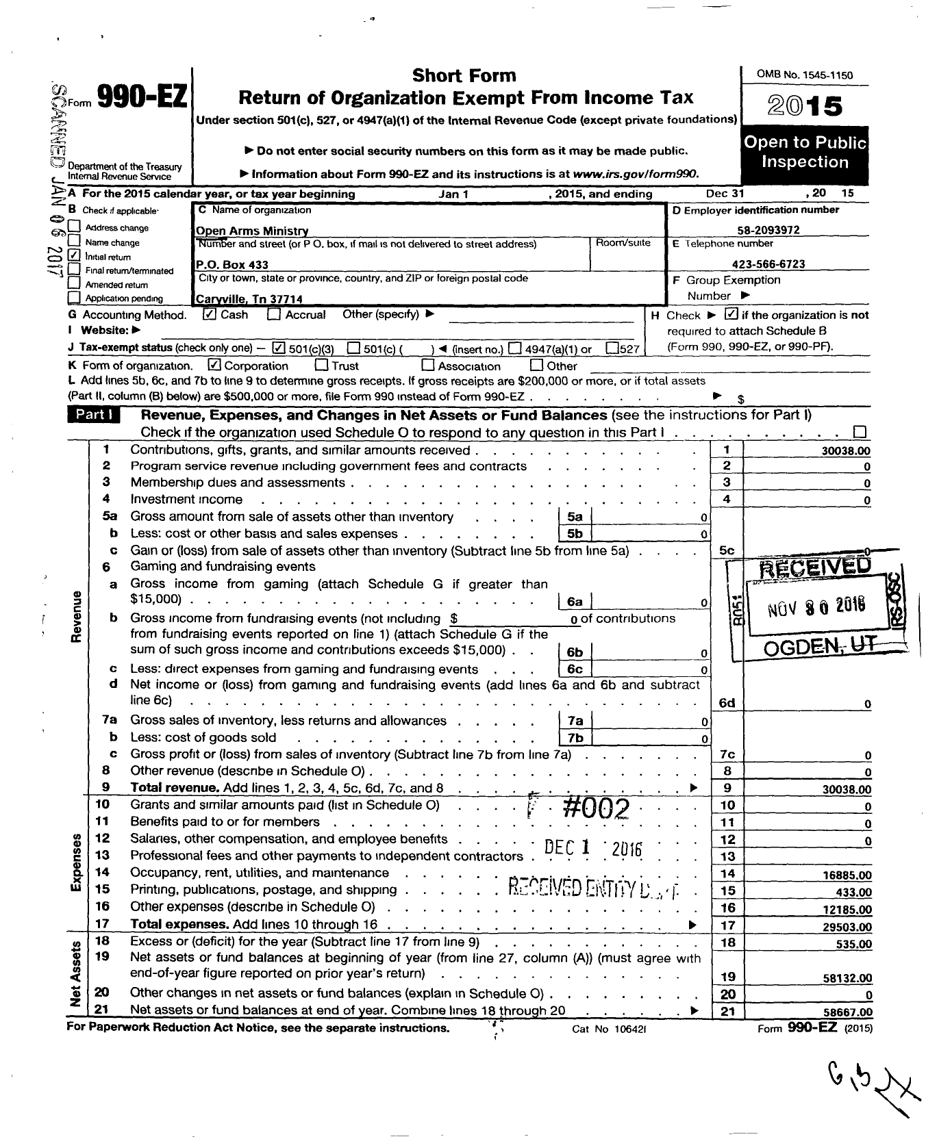 Image of first page of 2015 Form 990EZ for Open Arms Ministry of Campbell