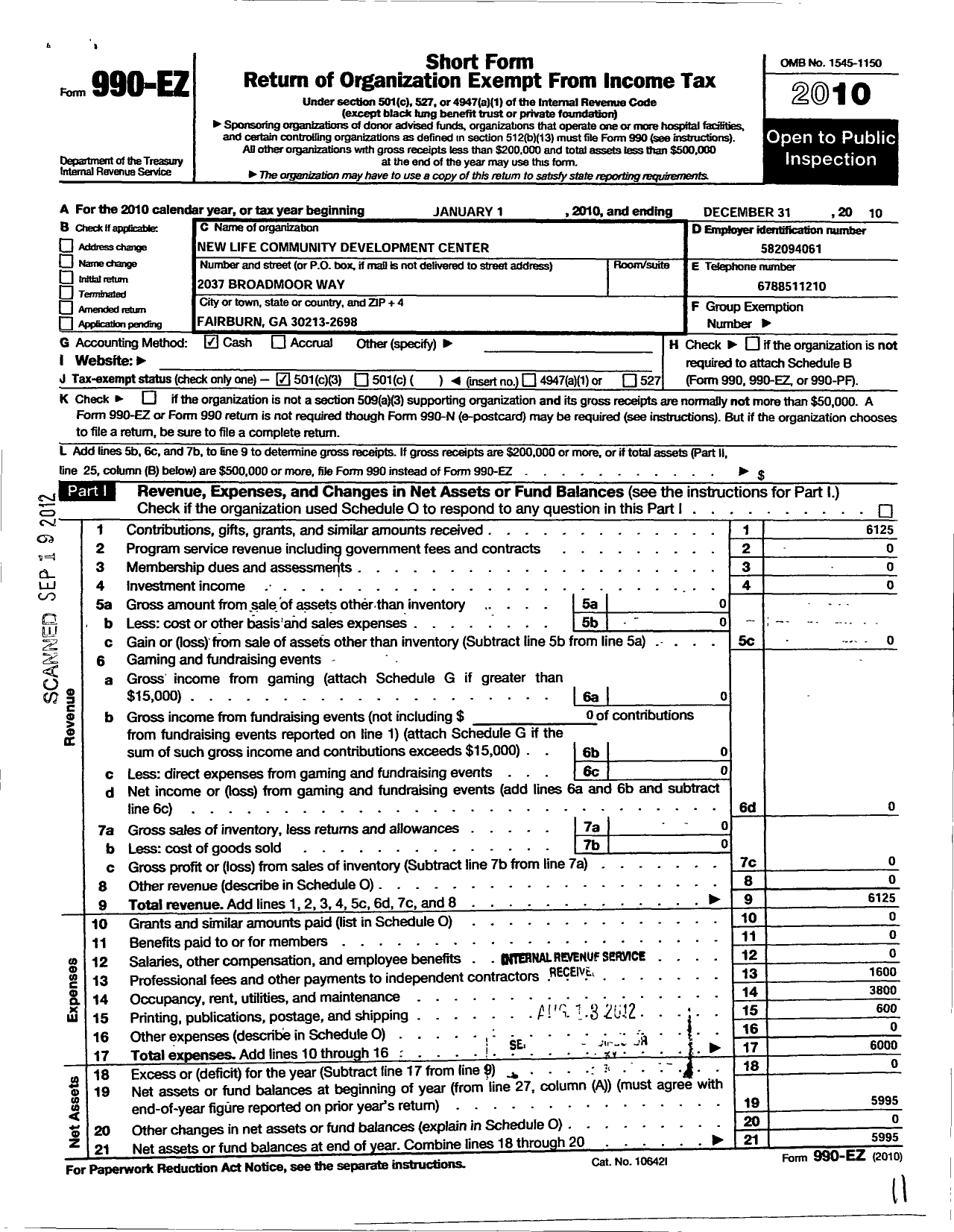 Image of first page of 2010 Form 990EZ for New Life Community Development Center