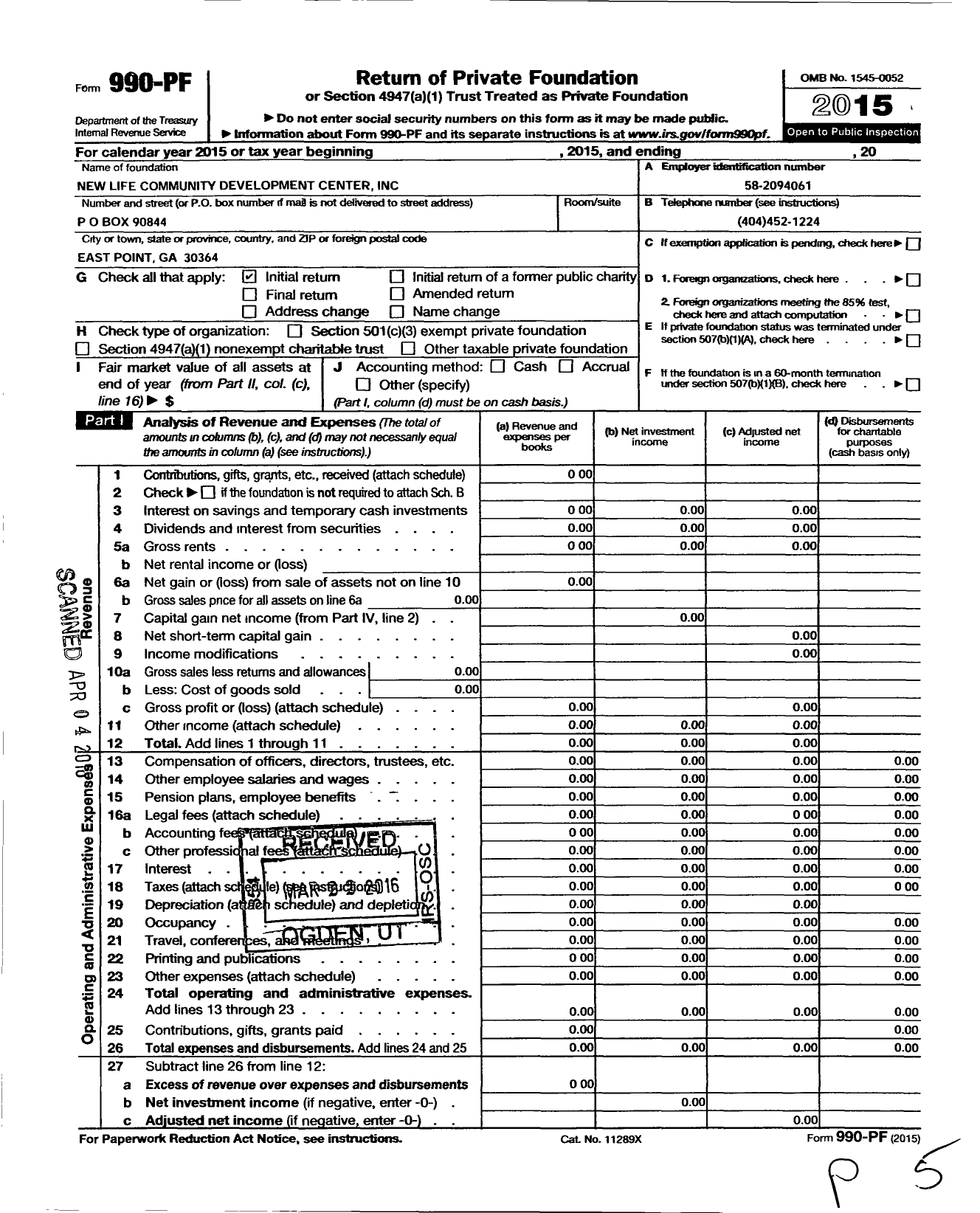 Image of first page of 2015 Form 990PF for New Life Community Development Center