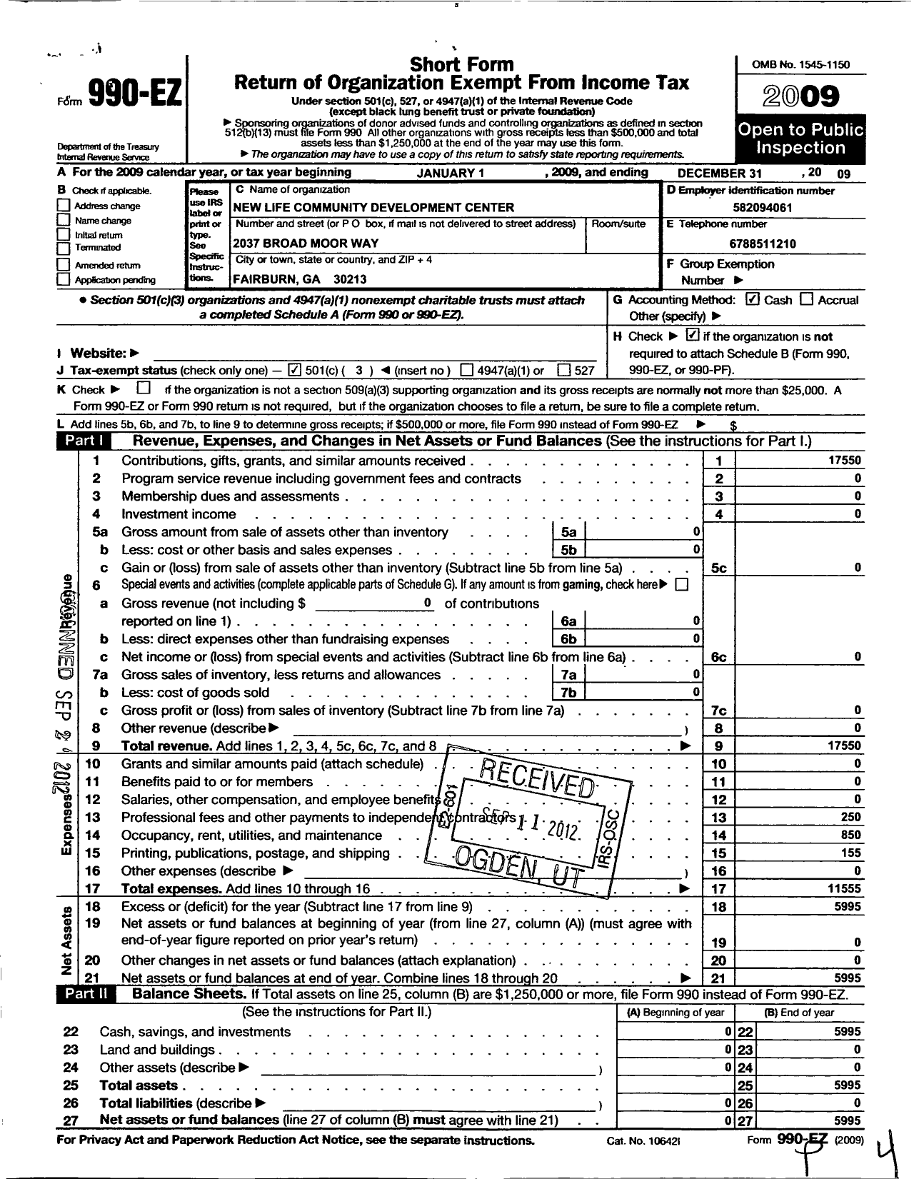 Image of first page of 2009 Form 990EZ for New Life Community Development Center