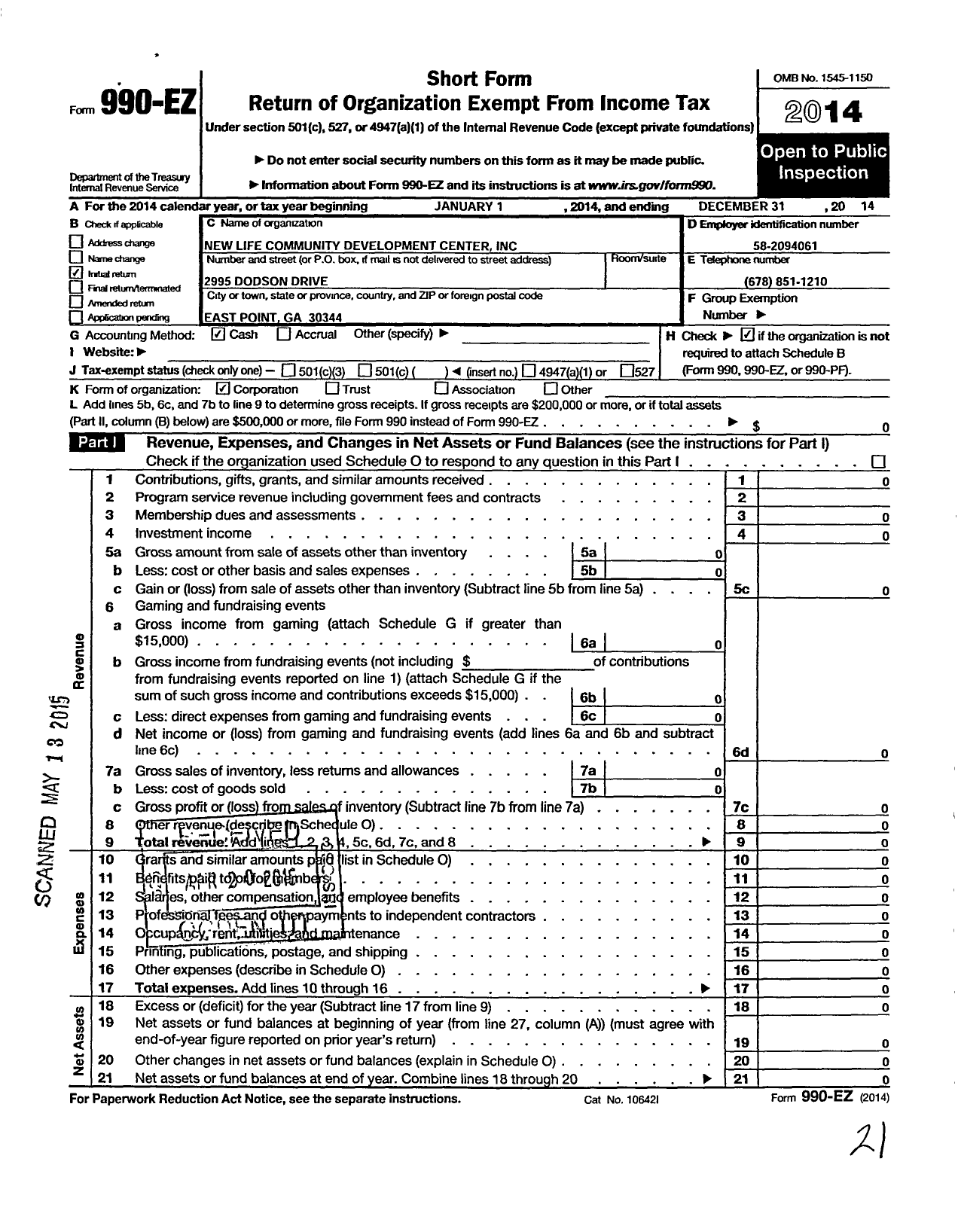 Image of first page of 2014 Form 990EO for New Life Community Development Center