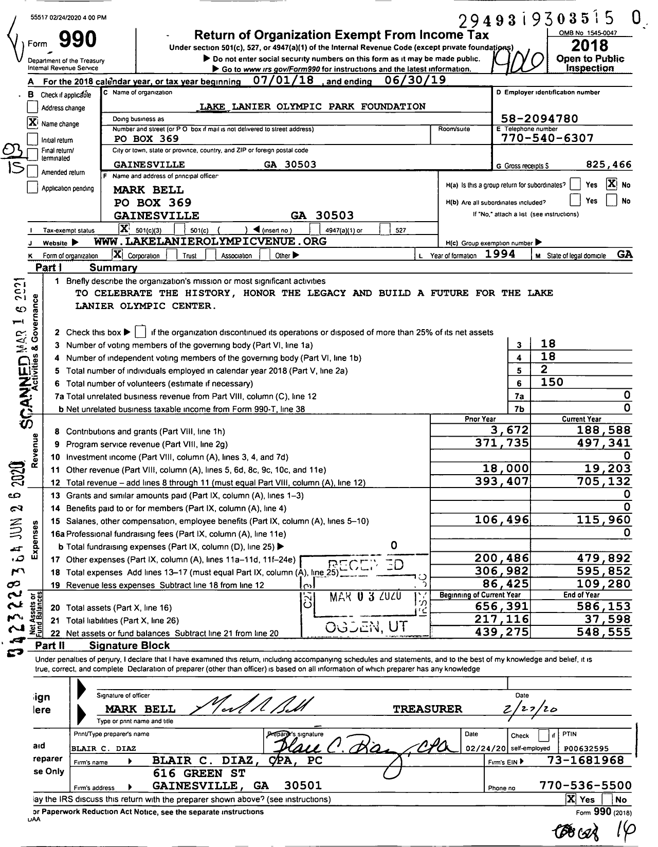 Image of first page of 2018 Form 990 for Lake Lanier Olympic Park Foundation