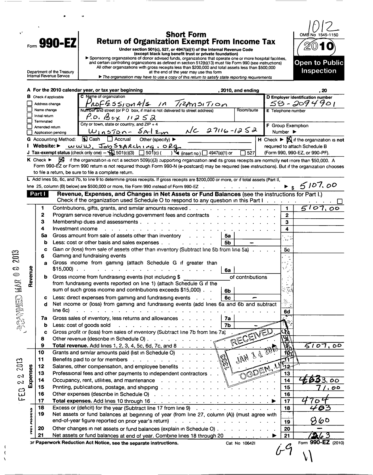 Image of first page of 2010 Form 990EZ for Professionals in Transition Support Group