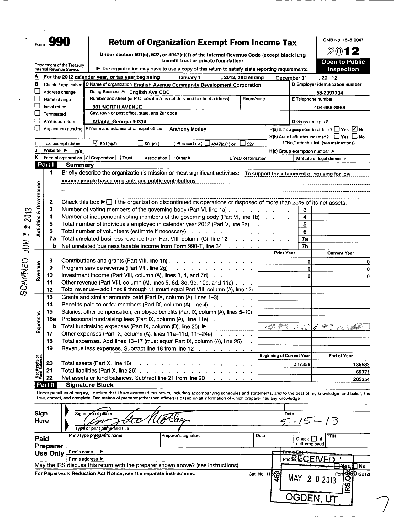 Image of first page of 2012 Form 990 for English Avenue Community Development Corporation