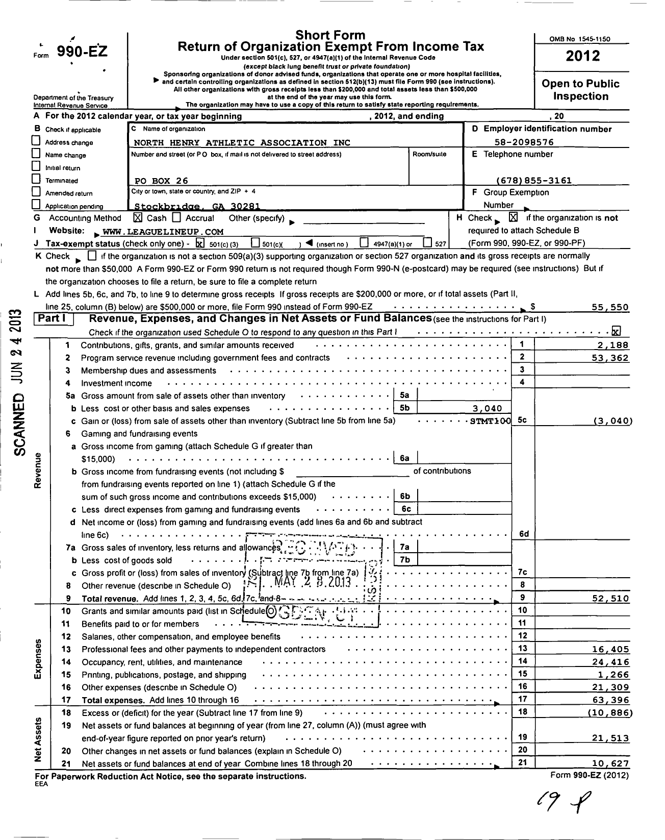 Image of first page of 2012 Form 990EZ for North Henry Athletic Association