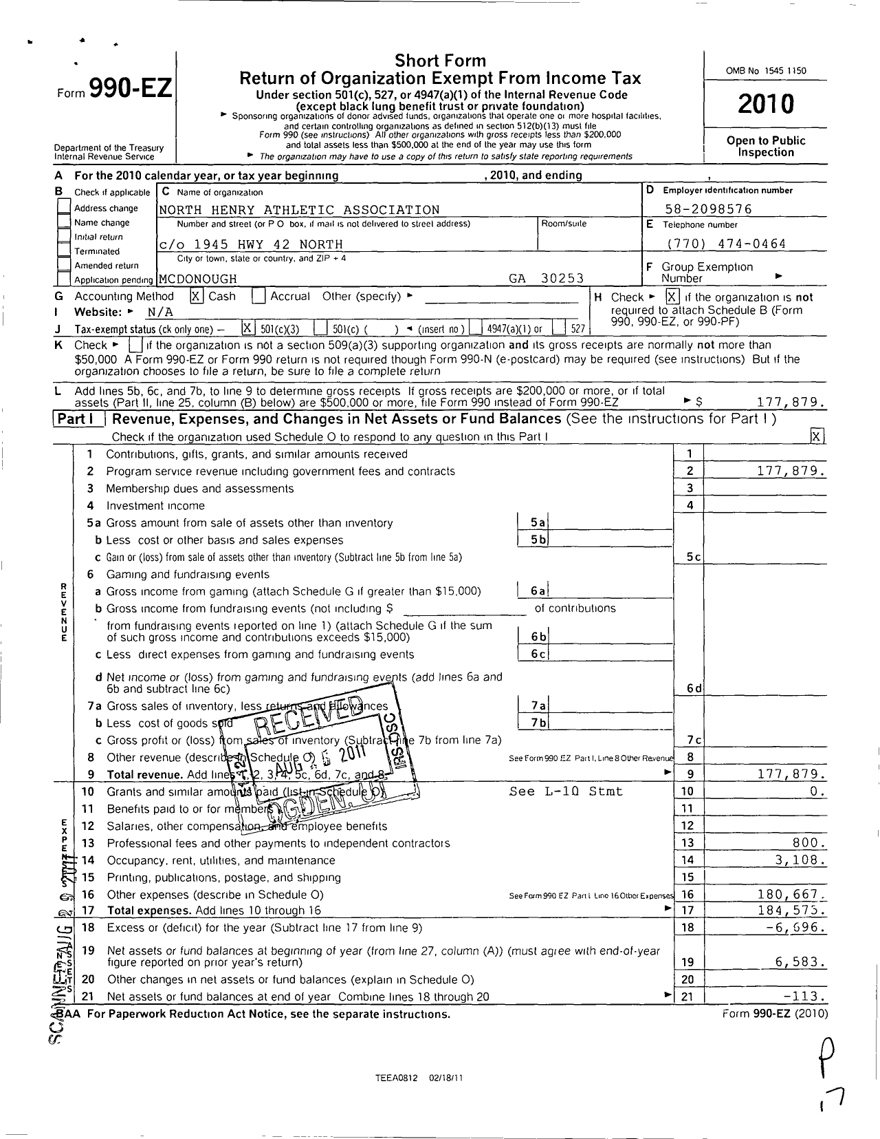 Image of first page of 2010 Form 990EZ for North Henry Athletic Association