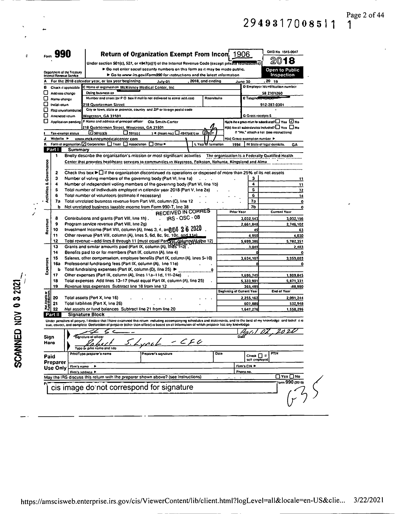 Image of first page of 2018 Form 990 for Mckinney Medical Center