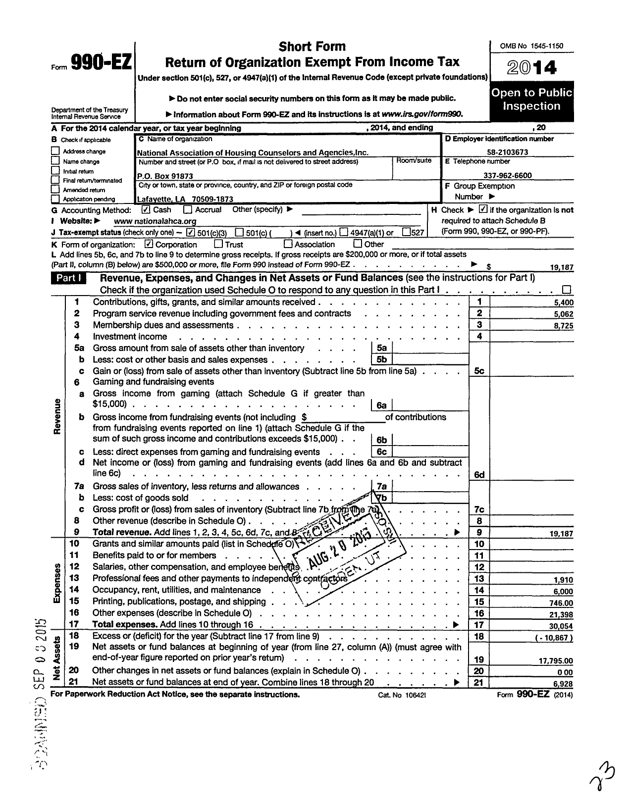 Image of first page of 2014 Form 990EZ for National Association of Housing Counselors and Agencies