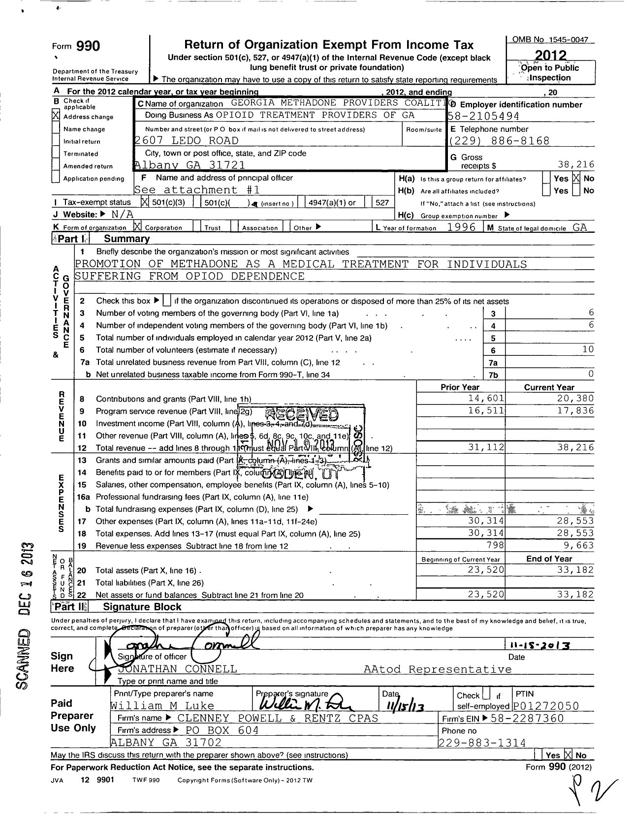 Image of first page of 2012 Form 990 for Opioid TRTMNT Providers of Ga