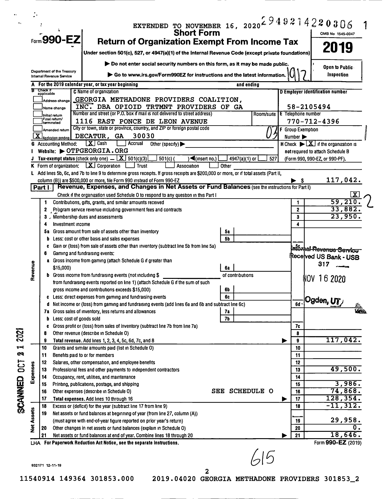 Image of first page of 2019 Form 990EZ for Opioid TRTMNT Providers of Ga