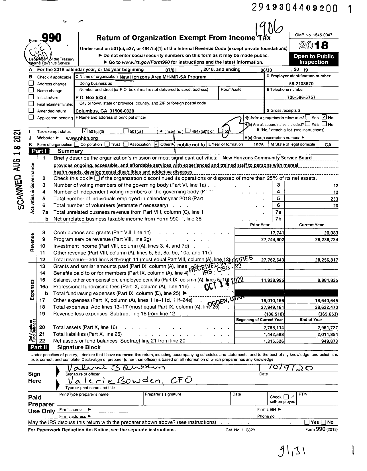 Image of first page of 2018 Form 990 for New Horizons Behavioral Health