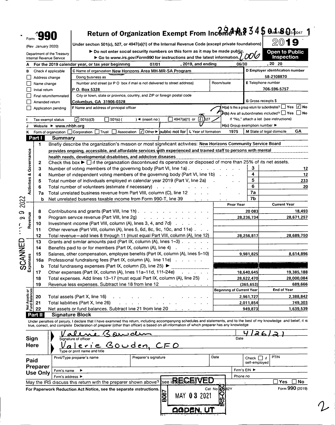 Image of first page of 2019 Form 990 for New Horizons Behavioral Health