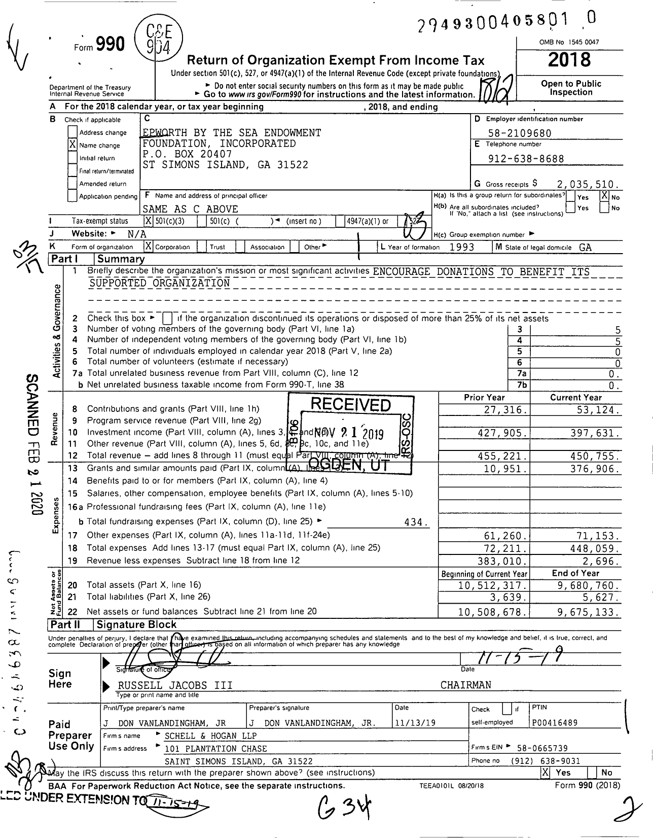 Image of first page of 2018 Form 990 for Epworth By The Sea Endowment Foundation Incorporated