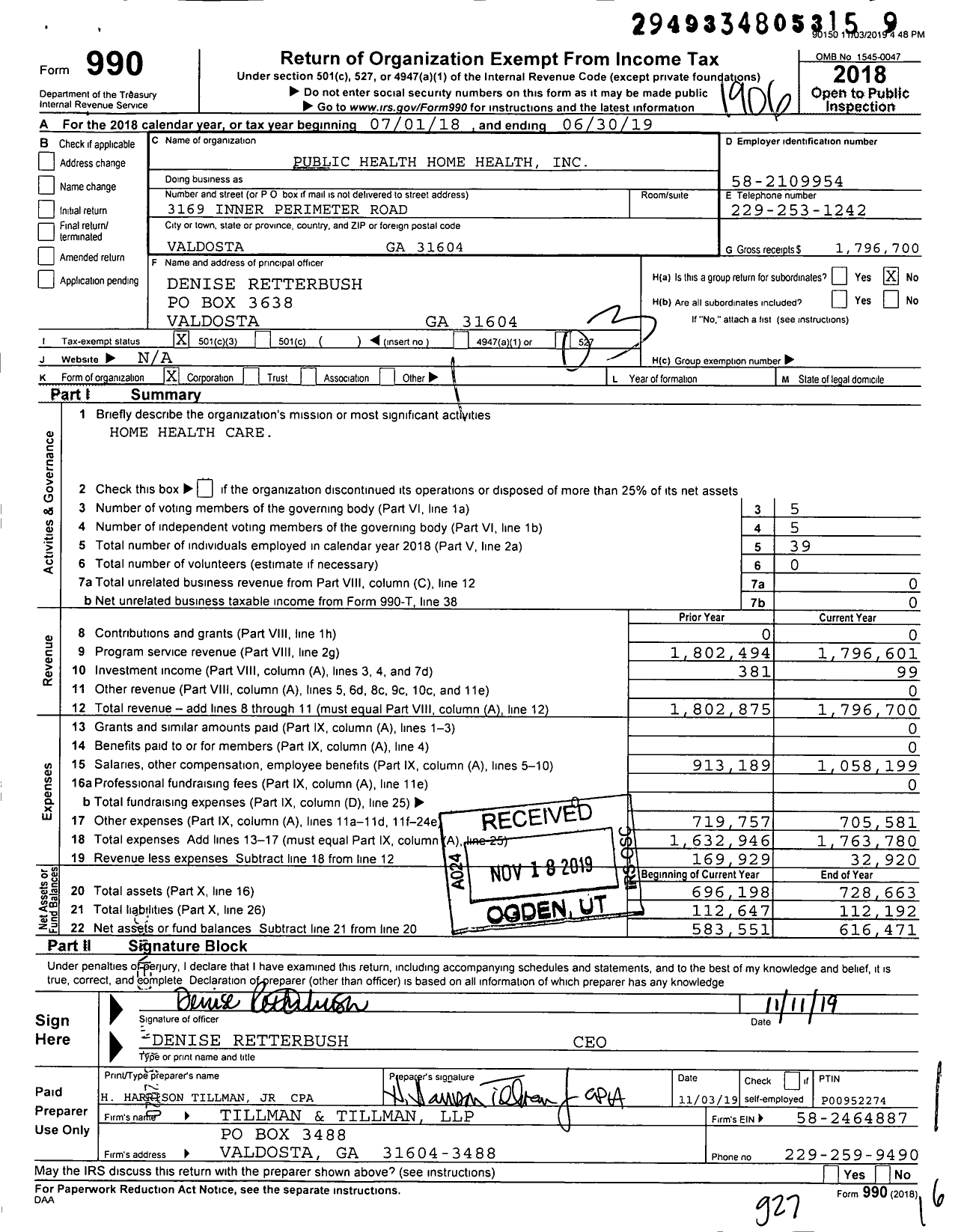 Image of first page of 2018 Form 990 for Public Health Home Health