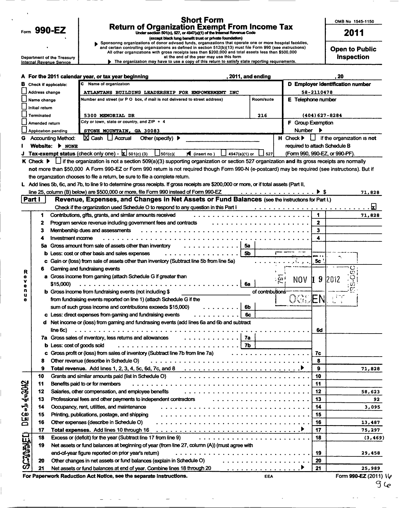 Image of first page of 2011 Form 990EZ for Atlantans Building Leadership for Empowerment