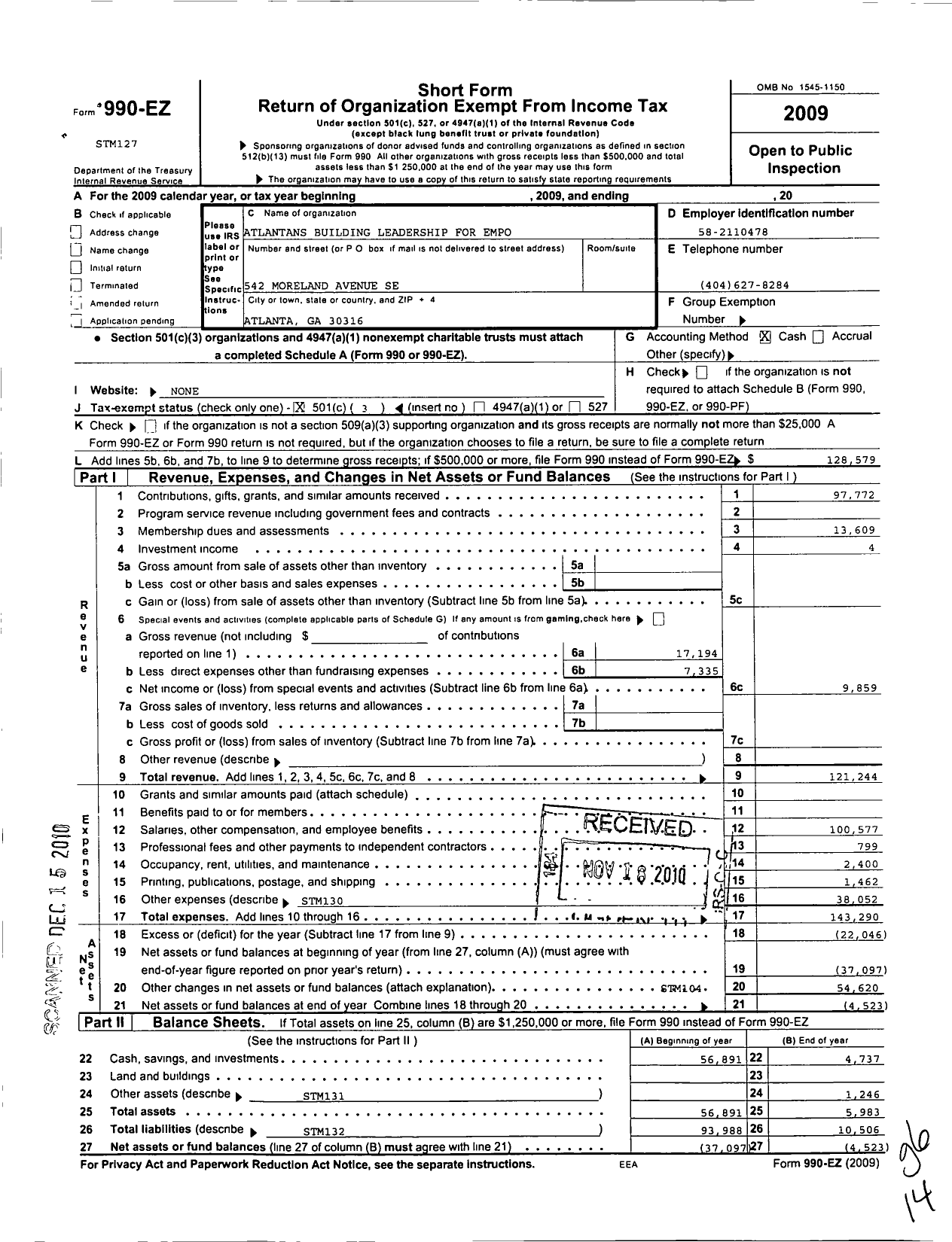 Image of first page of 2009 Form 990EZ for Atlantans Building Leadership for Empowerment