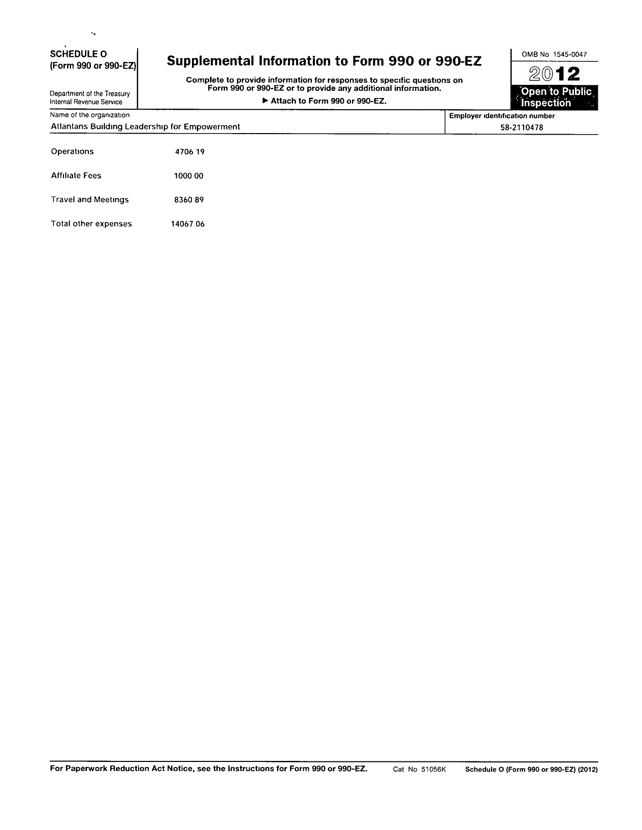 Image of first page of 2012 Form 990EZ for Atlantans Building Leadership for Empowerment