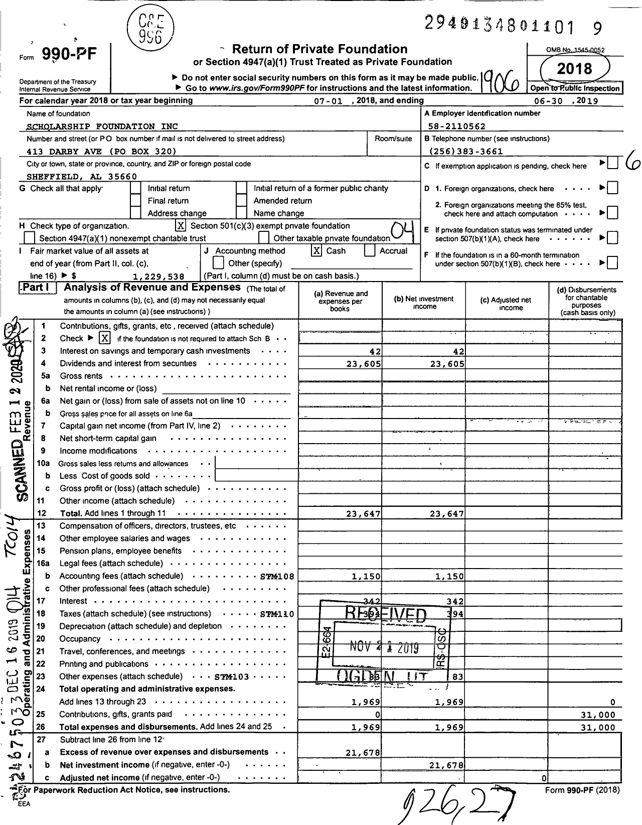 Image of first page of 2018 Form 990PF for Scholarship Foundation