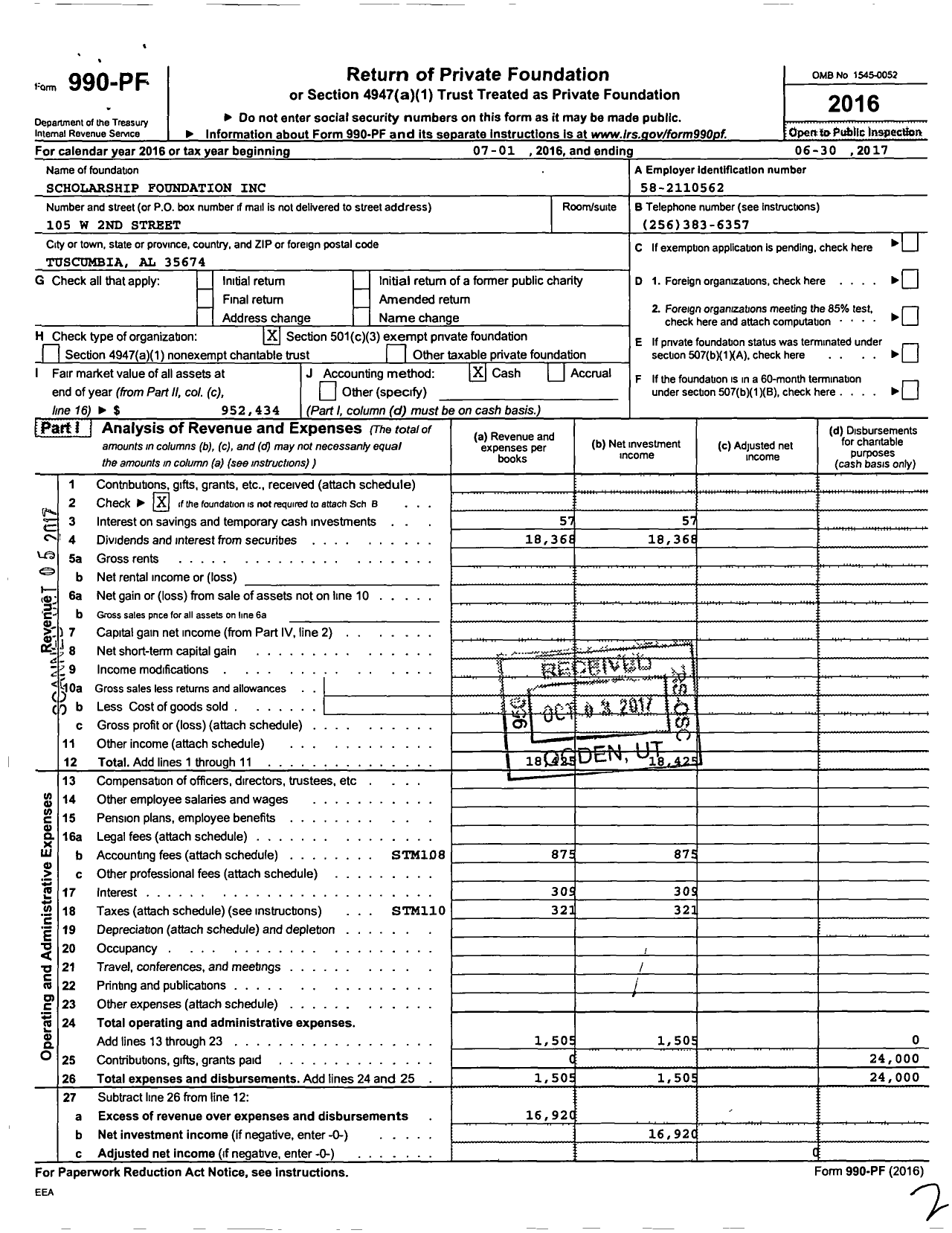 Image of first page of 2016 Form 990PF for Scholarship Foundation