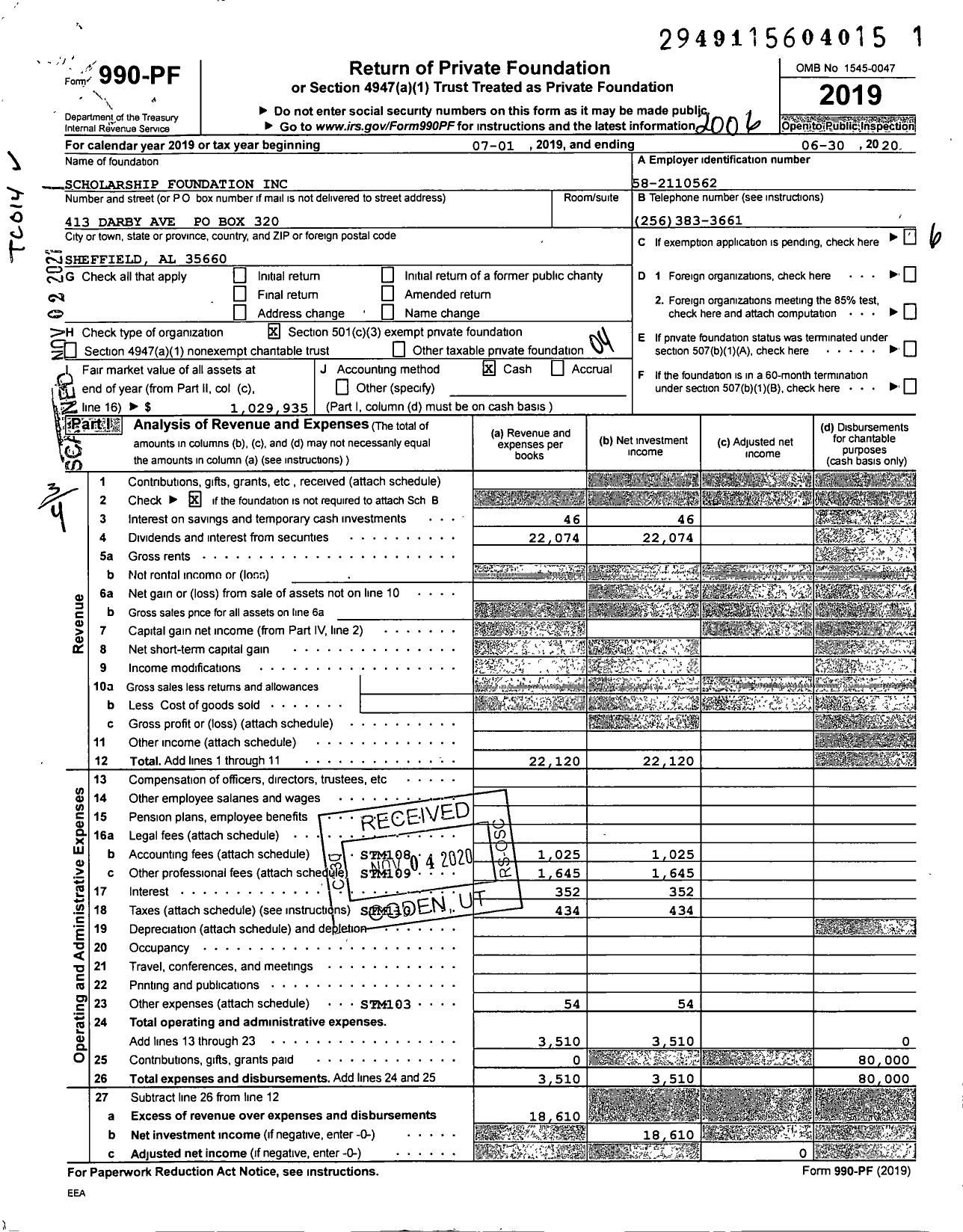 Image of first page of 2019 Form 990PF for Scholarship Foundation