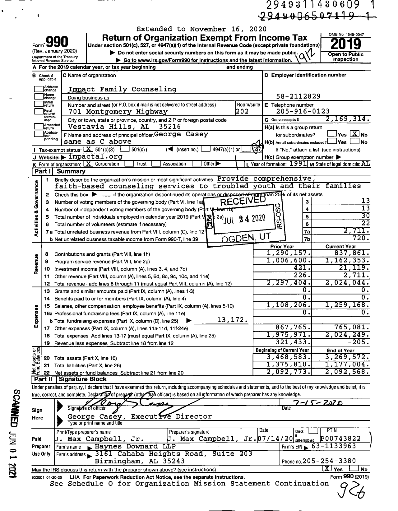 Image of first page of 2019 Form 990 for Impact Family Counseling