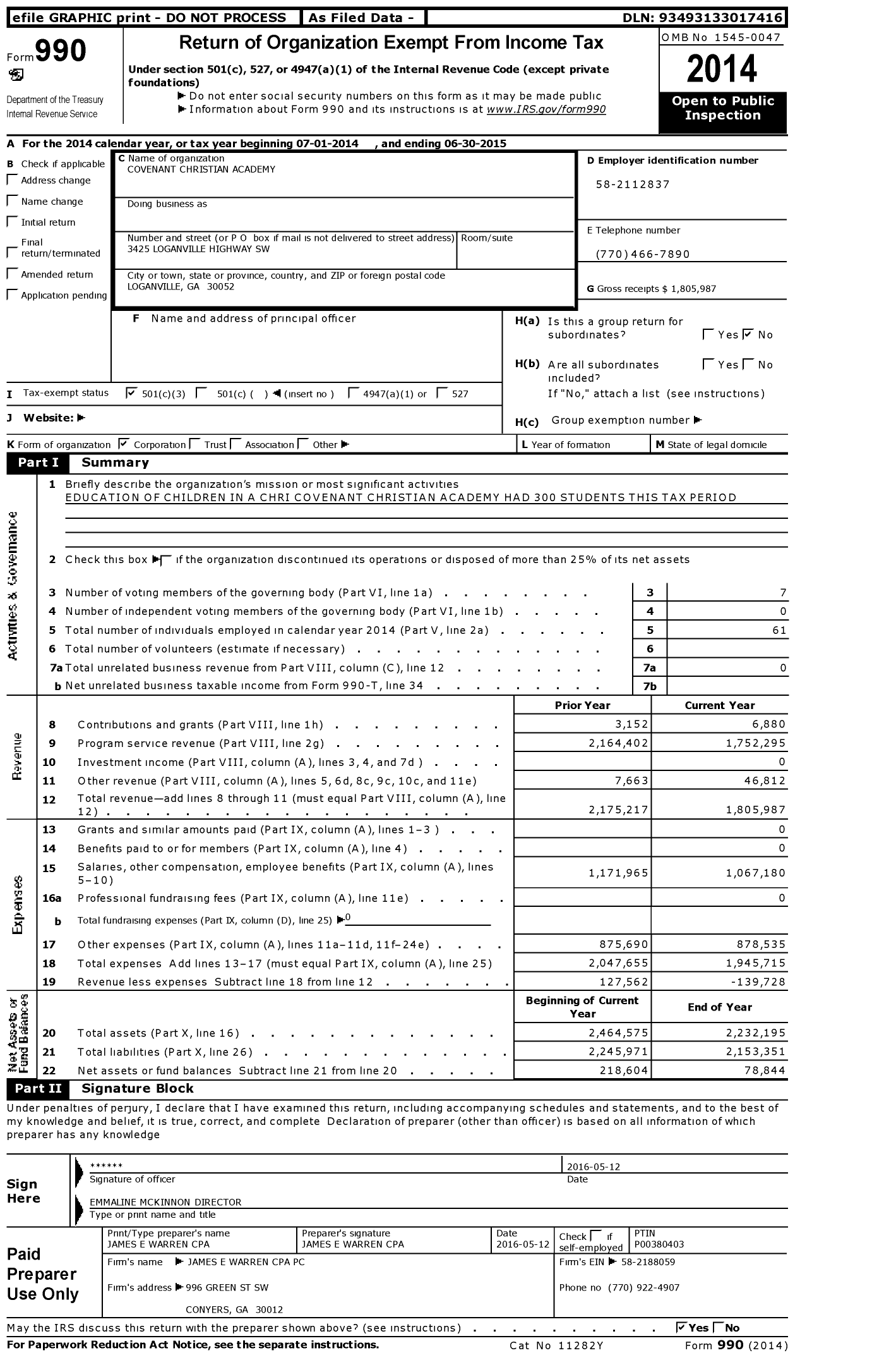 Image of first page of 2014 Form 990 for Covenant Christian Academy