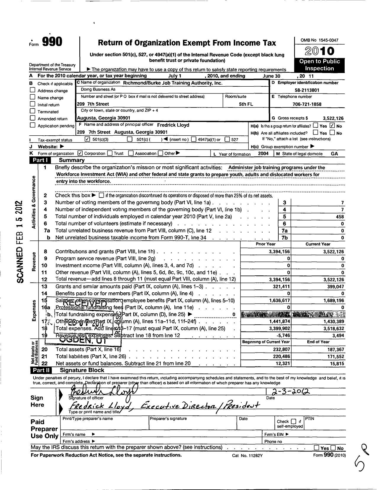 Image of first page of 2010 Form 990 for Richmond-Burke Job Training Authority
